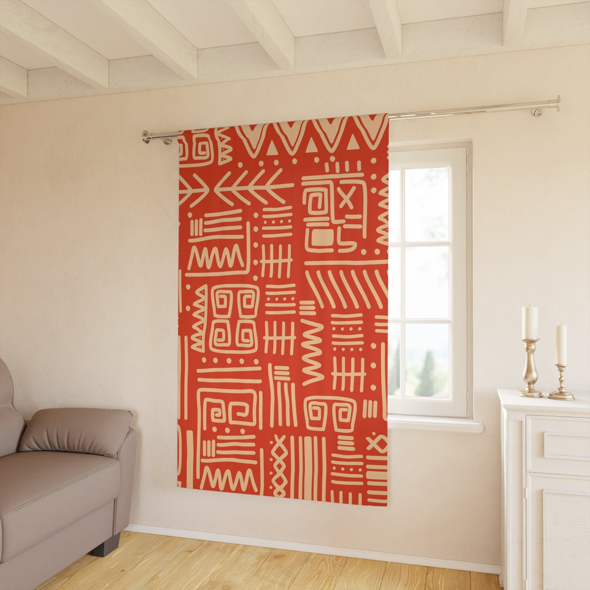 Retro Tiki Home Decor, Dark Orange, Beige, Abstract Art Design, Mid Mod Custom Window Curtains (1 Piece) - Mid Century Modern Gal