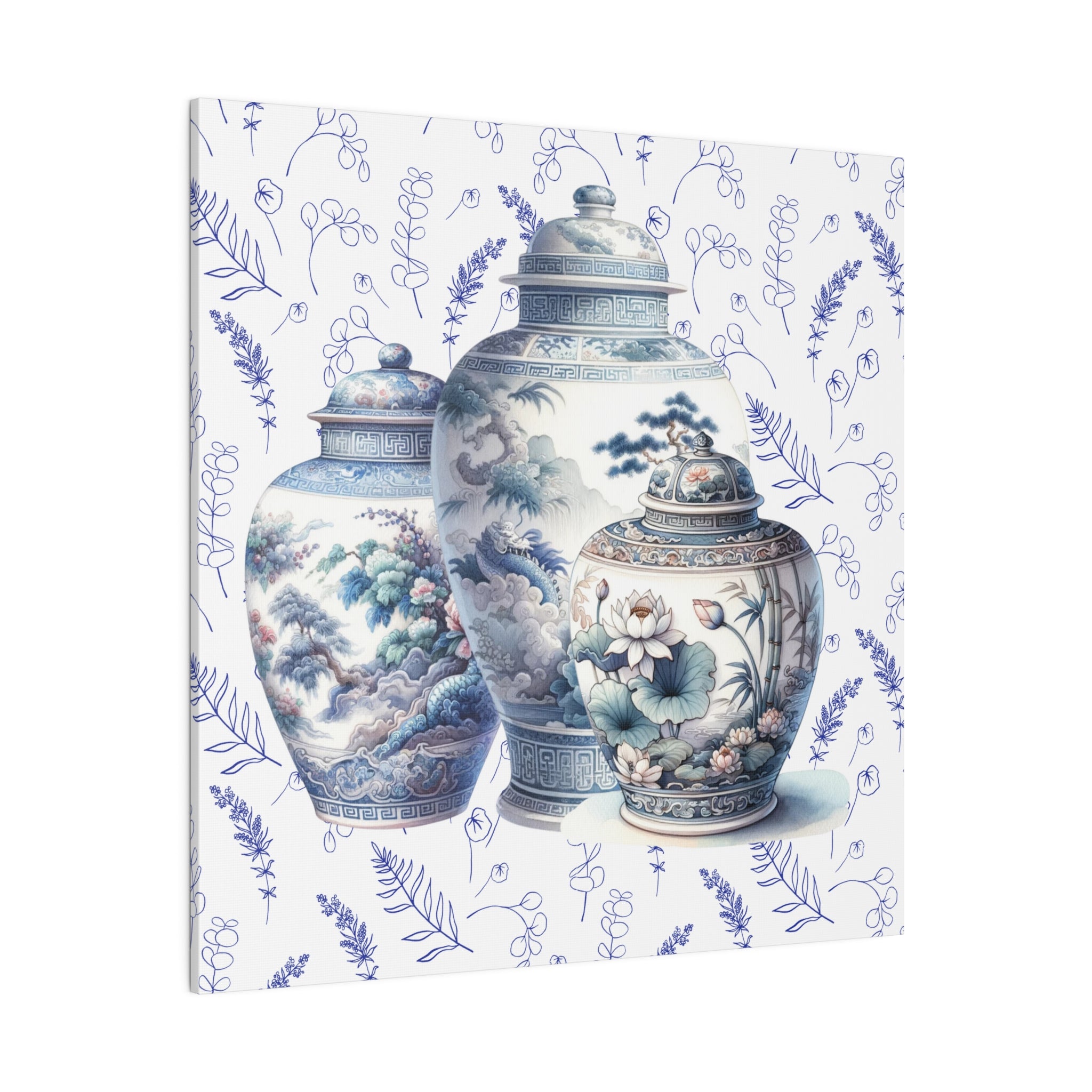 Chinoisere Wall Art, Set Of Three Ginger Jars In Watercolor, Pastels, Southern Home Living, Matte Canvas - Mid Century Modern Gal