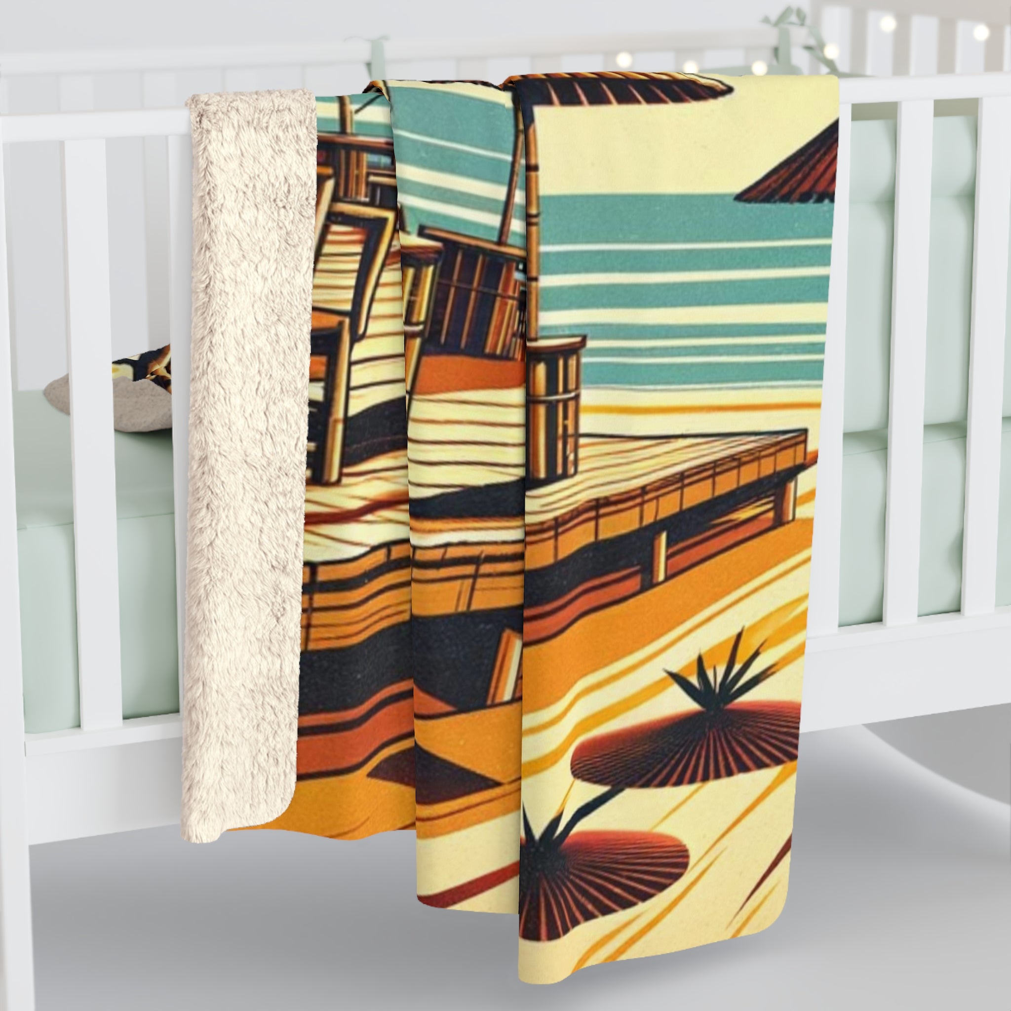 Mid Century Modern Retro Tiki Idol, Tiki Bar, Sunset Beach, MCM Sherpa Fleece Blanket - Mid Century Modern Gal