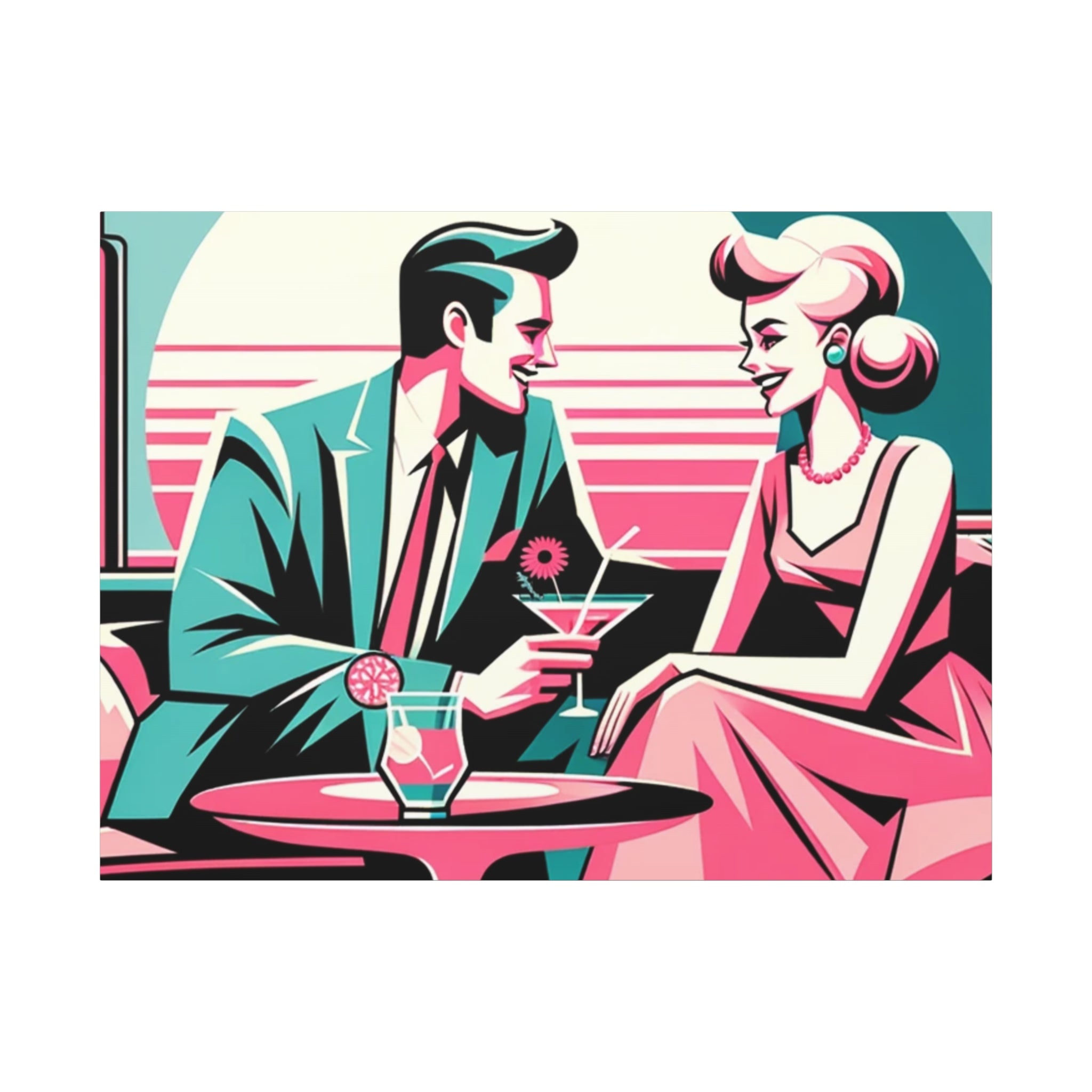 Mid Mod Retro Romance Pink, Aqua Teal Kitschy Mod Wall Art - Vintage Couple Design - Mid Century Modern Gal