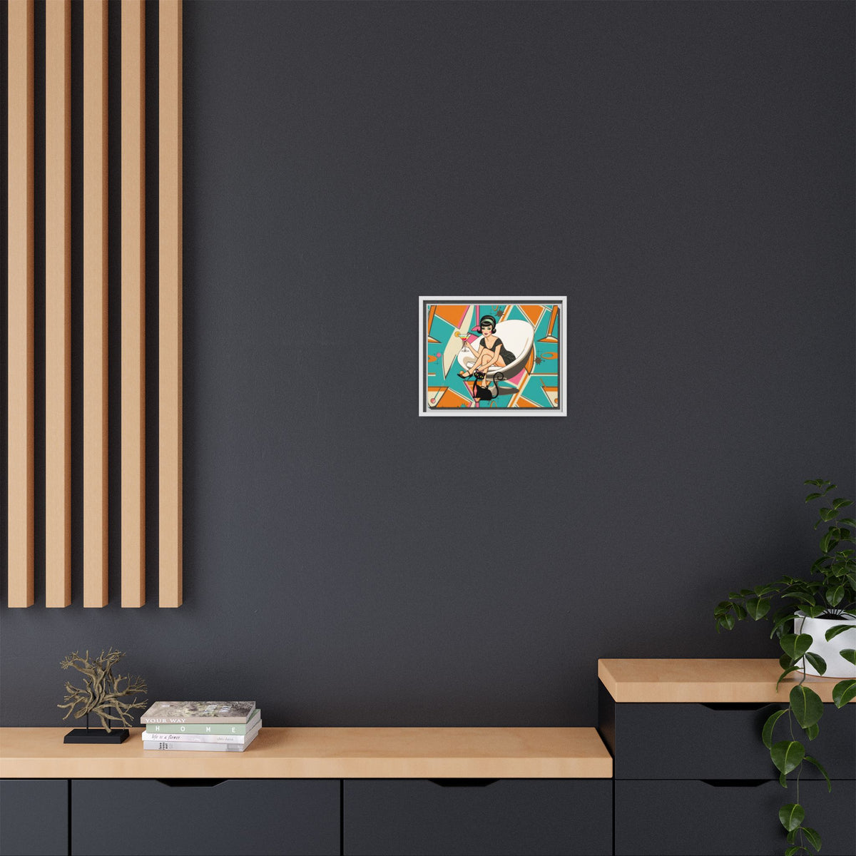 Framed matte canvas wall art featuring a vintage cocktail and retro cat design in mid-century modern style.