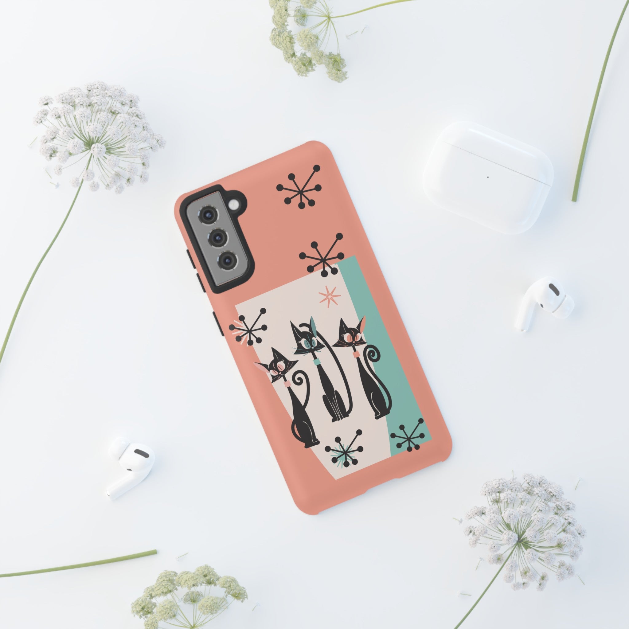 Atomic Cat Mid Mod Coral Aqua Blue Starburst Kitschy Fun Chic Samsung, Smart Phones Tough Cases - Mid Century Modern Gal