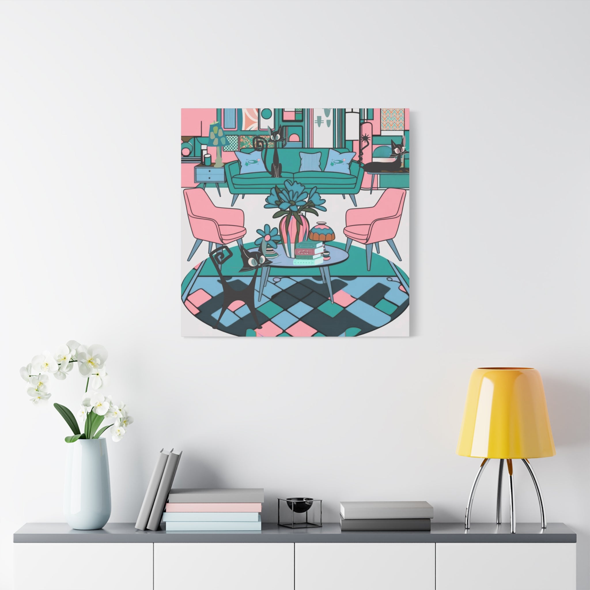 Atomic Cat Mid Century Modern Wall Art Colorful Cat-Themed Canvas Art - Mid Century Modern Gal