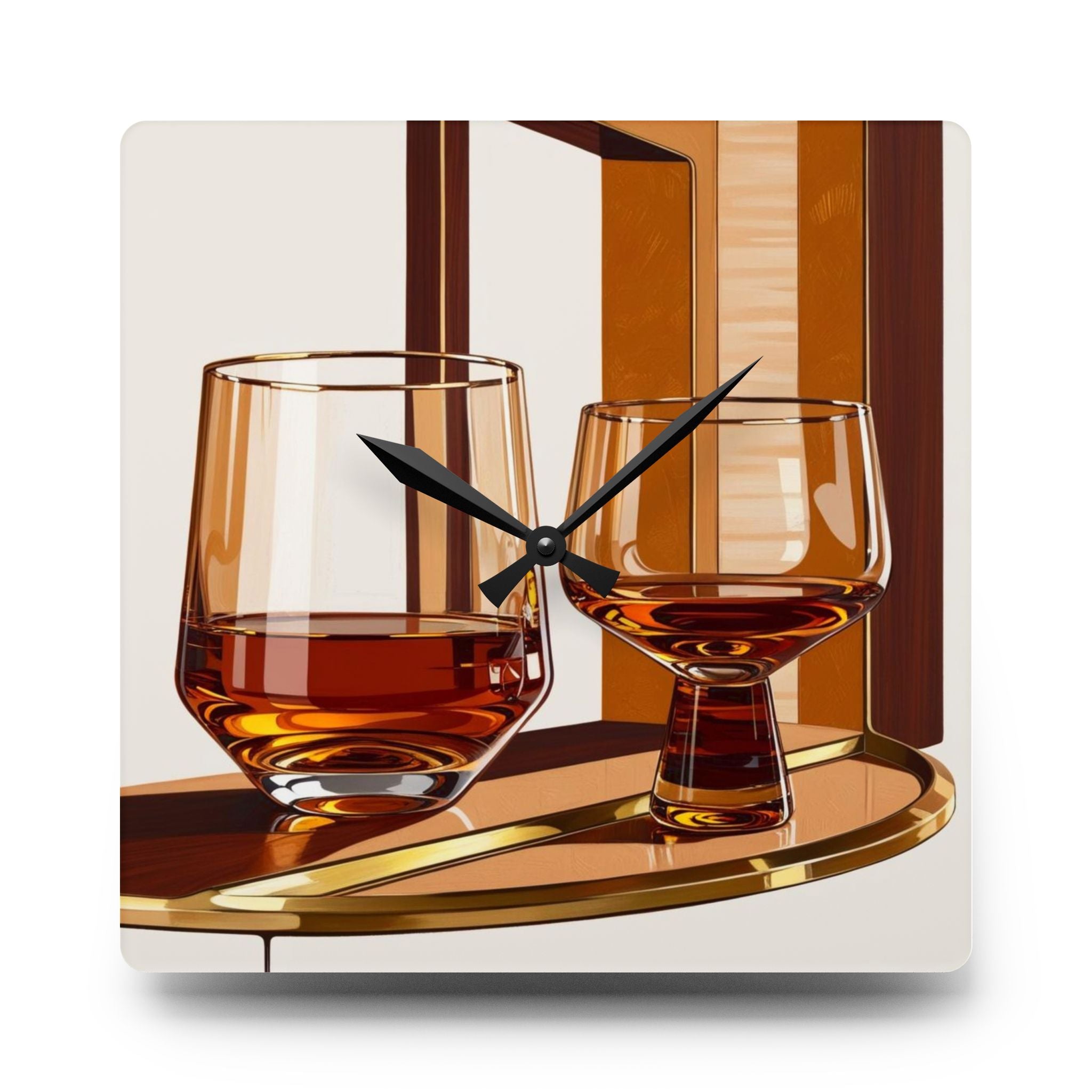 Bourbon Whiskey Glasses Art Mid Century Modern Barware Acrylic Wall Clock - Stylish Home Décor - Mid Century Modern Gal
