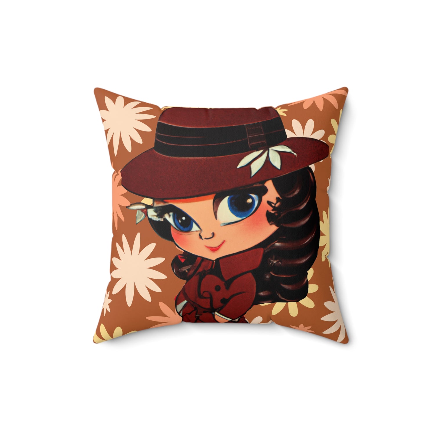 Retro Flower Power, Patti PI, Big Blue Eyes, Trendy, Hipster, Hippie Soul Brown, Golden,  Pillow And Cover - Mid Century Modern Gal