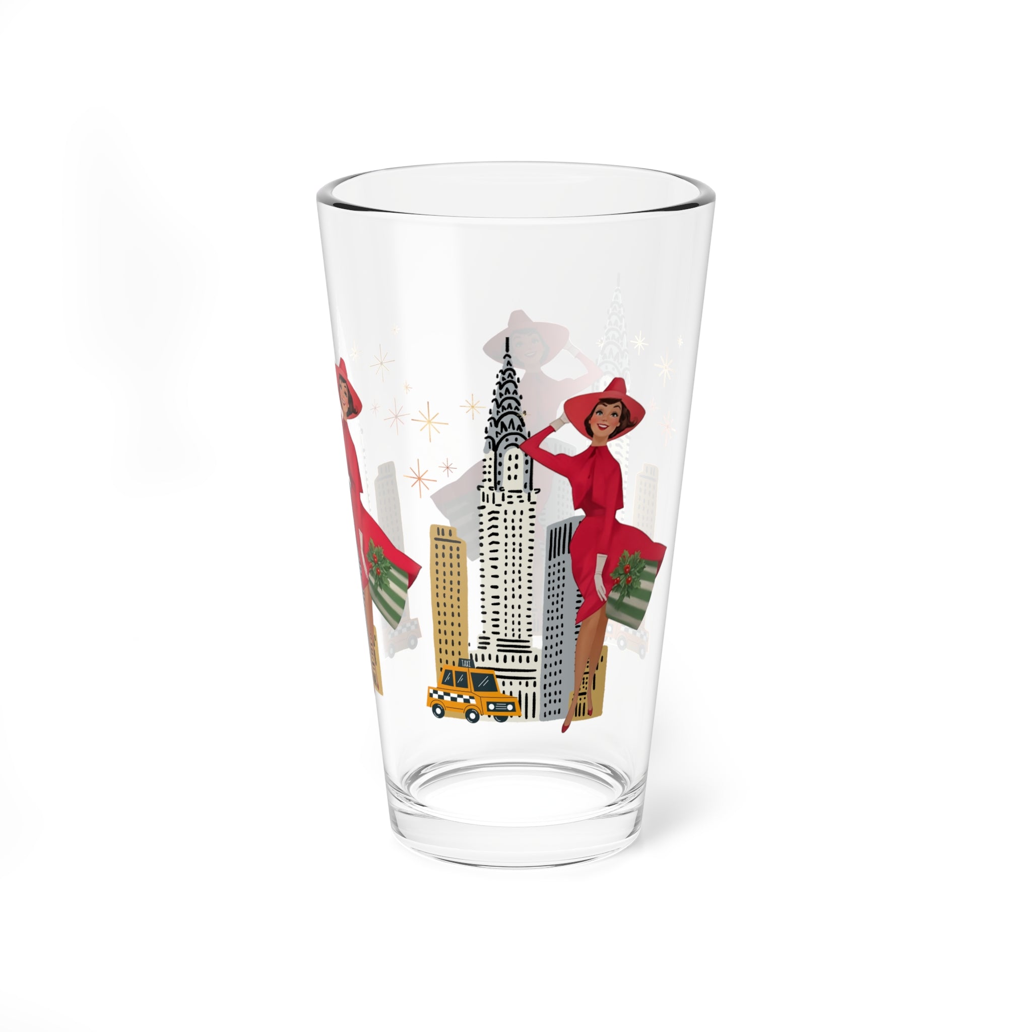 Mid Century Modern Christmas Glam Gal Chic NYC Mixing Glass - 16oz Decorative Drinkware with Iconic Skyline and Holiday Celebration Design - Mid Century Modern Gal