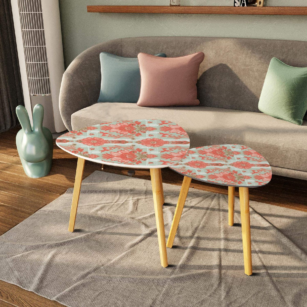 Botanical Floral Chinoiserie Coral, Mint Green Elegant Side Tables, Nesting Tables - Mid Century Modern Gal