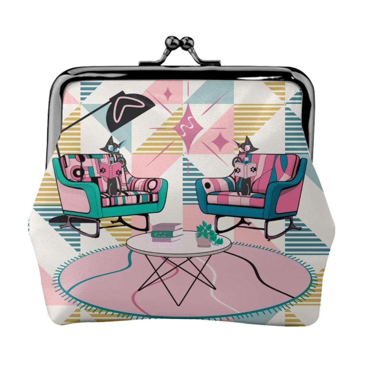 Atomic Cat Book Nook Reading Cats, Mid Mod Retro Coin Purse - Mid Century Modern Gal
