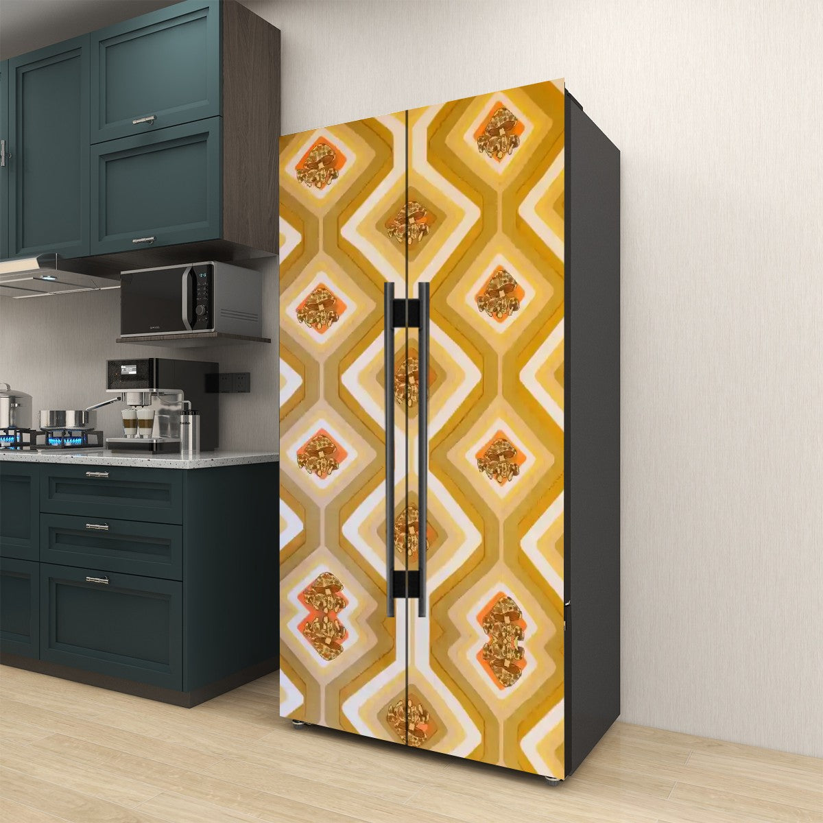 70s Harvest Gold, Merry Mushroom Retro Self Adhesive Refrigerator Wrap Set - Mid Century Modern Gal