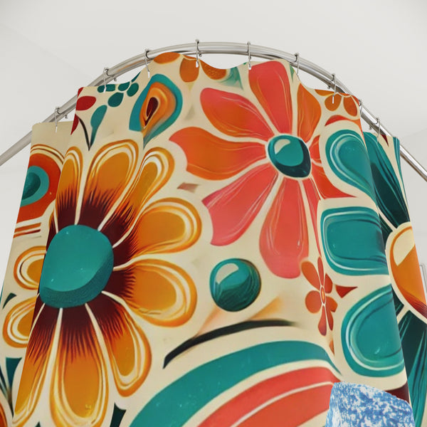 70s Hippie Pretty Big Eyed Girl Retro Floral Shower Curtain - Bohemian Bathroom Decor