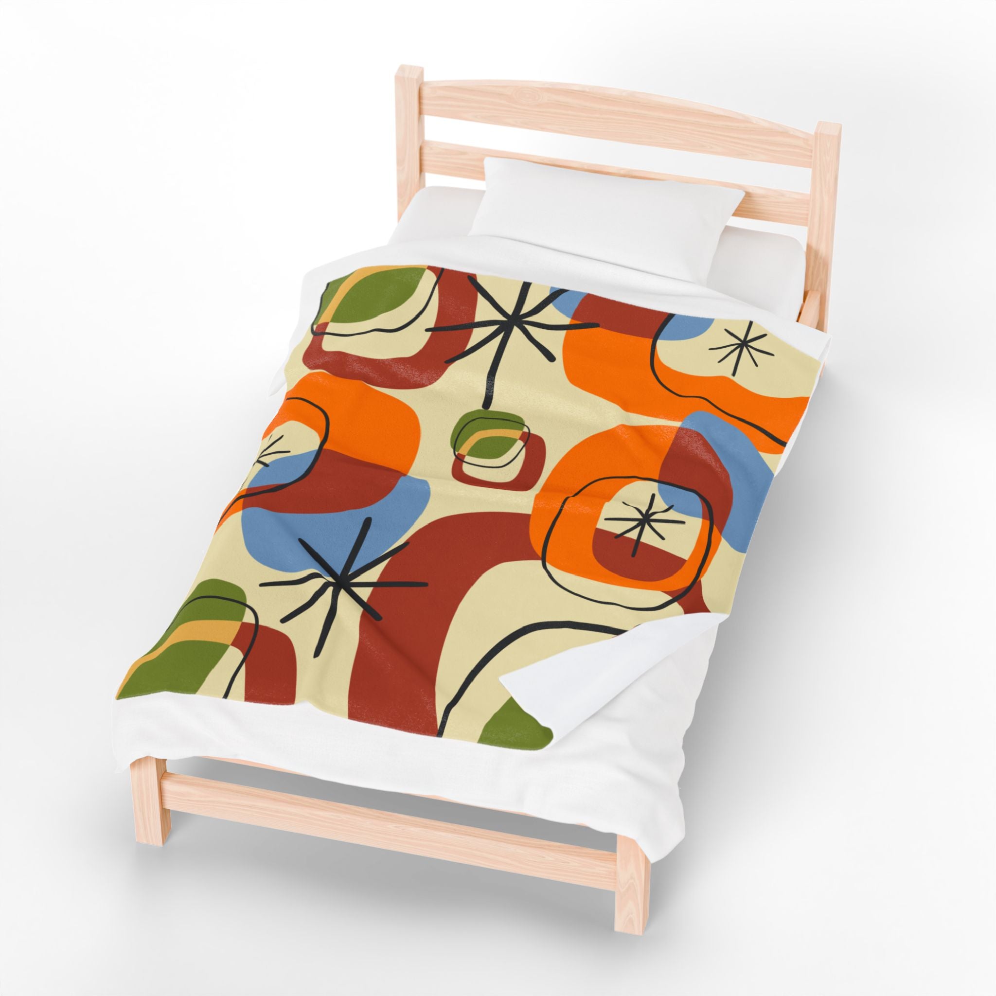 Retro Geo Pattern THIN Cozy, Warm Mid Century Modern Groovy Green, Orange, Blue, Black, Light Beige Background Velveteen Plush Blanket - Mid Century Modern Gal
