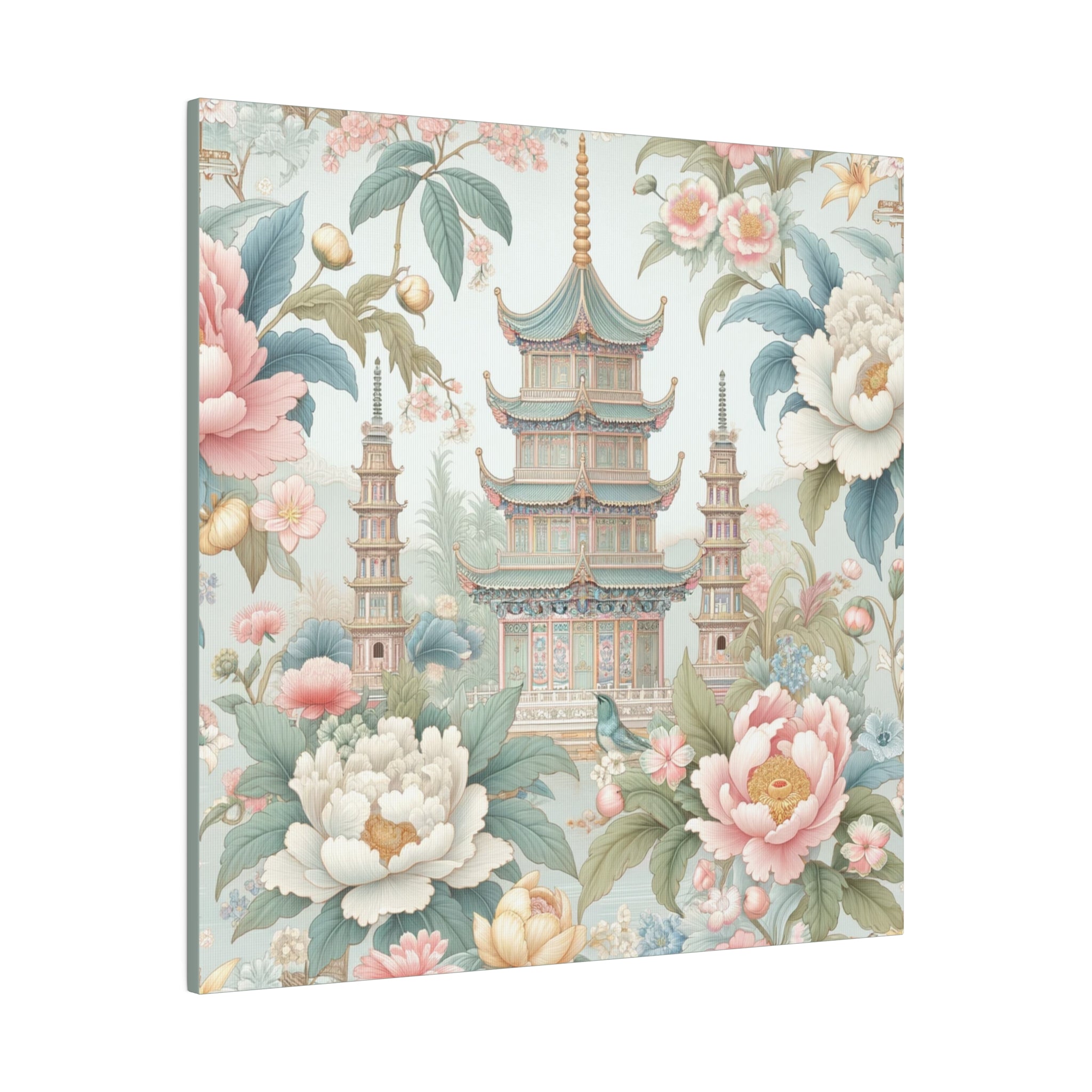 Chinoisere Wall Art, Beautiful Exotic Pagoda, Pastels, Florals, Roses, Blue Birds, Southern Home Style Wall Art - Mid Century Modern Gal