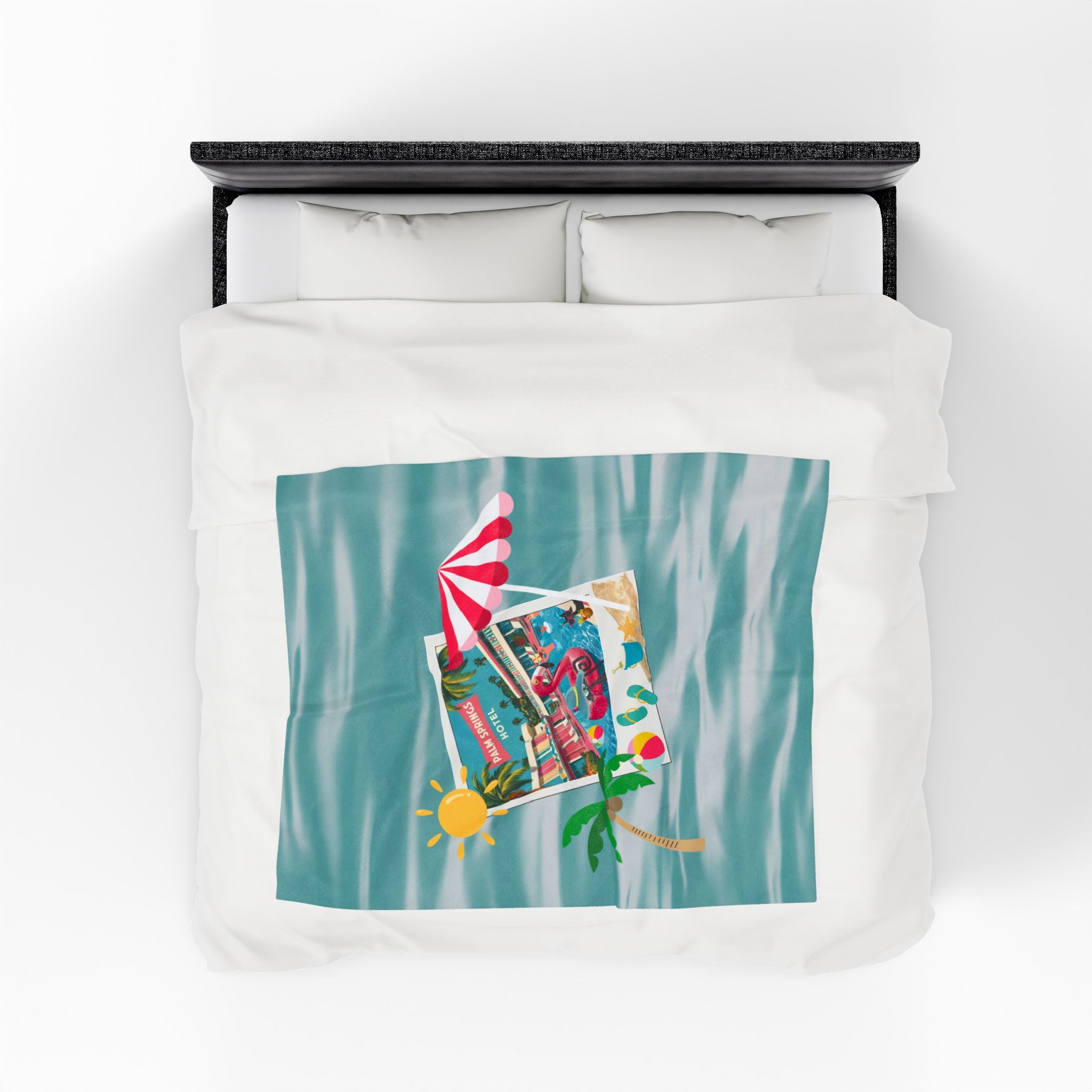 Palm Springs Hotel Retro Mod Flamingo And Atomic Cats, Tropical Getaway Velveteen Plush Blanket - Perfect for Beach Days and Cozy Nights - Mid Century Modern Gal