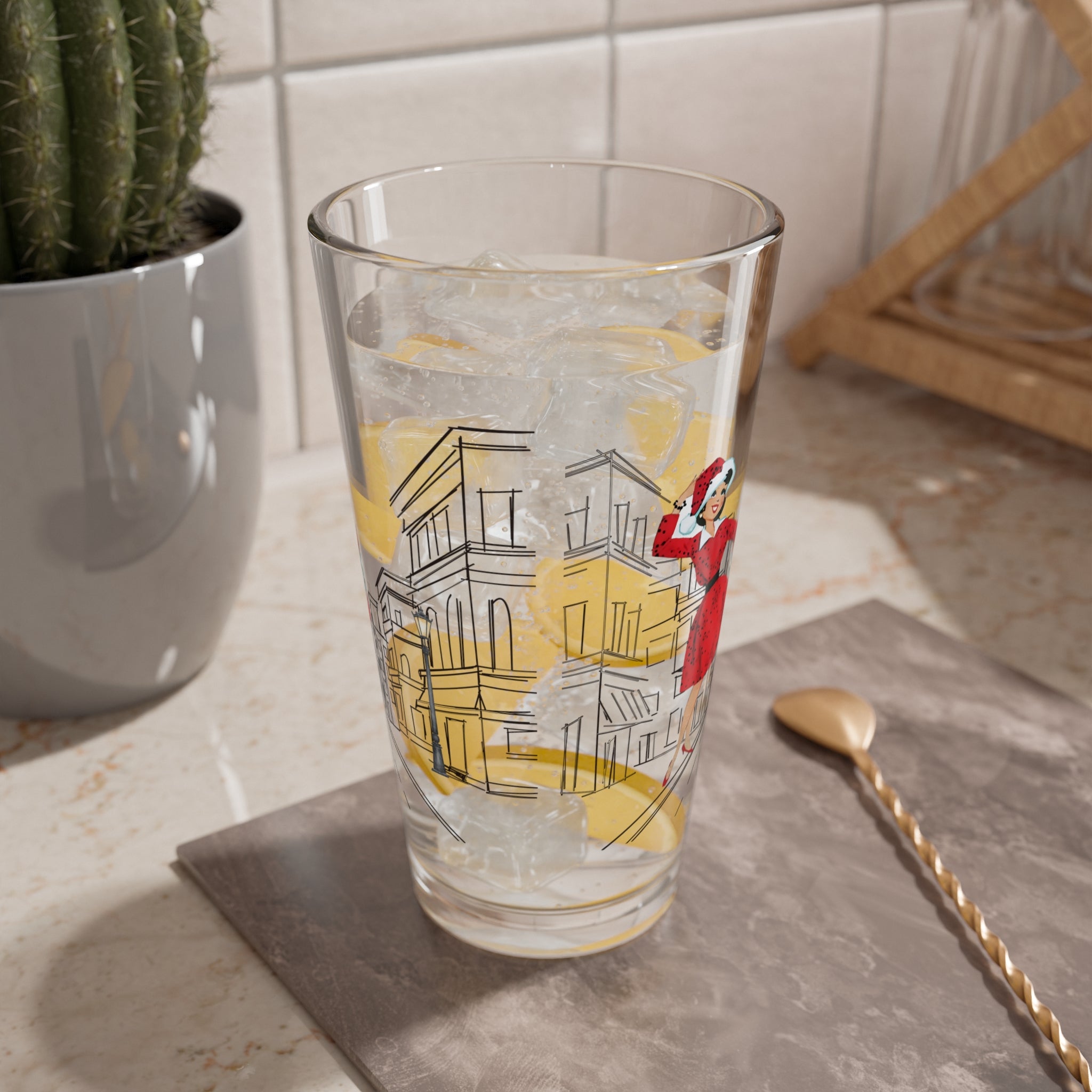 Mid Century Modern Christmas Kitsch Mod City Gal Charming 16oz Mixing Glass with Vintage Street Design - Mid Century Modern Gal