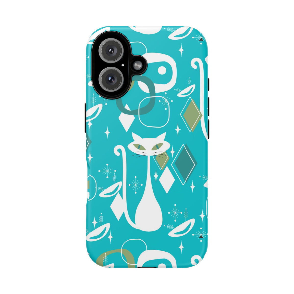 Atomic Cat Space Designs, Mid Century Modern, Aqua, White Kitschy Cat Tough Phone Case