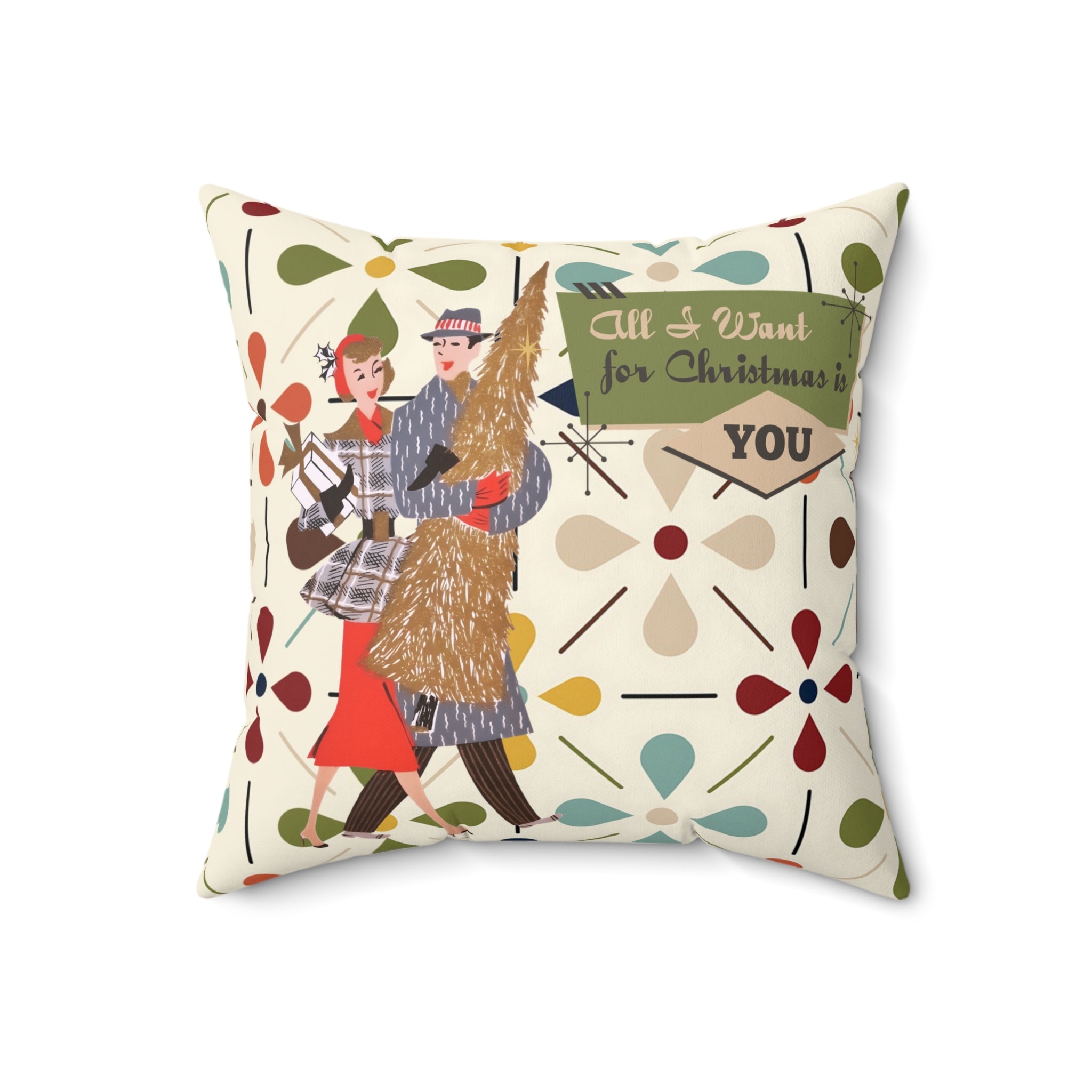 All I Want for Christmas Is You Vintage 50s Kitsch Couple Holiday Decorative Pillow - Mid Century Modern Gal