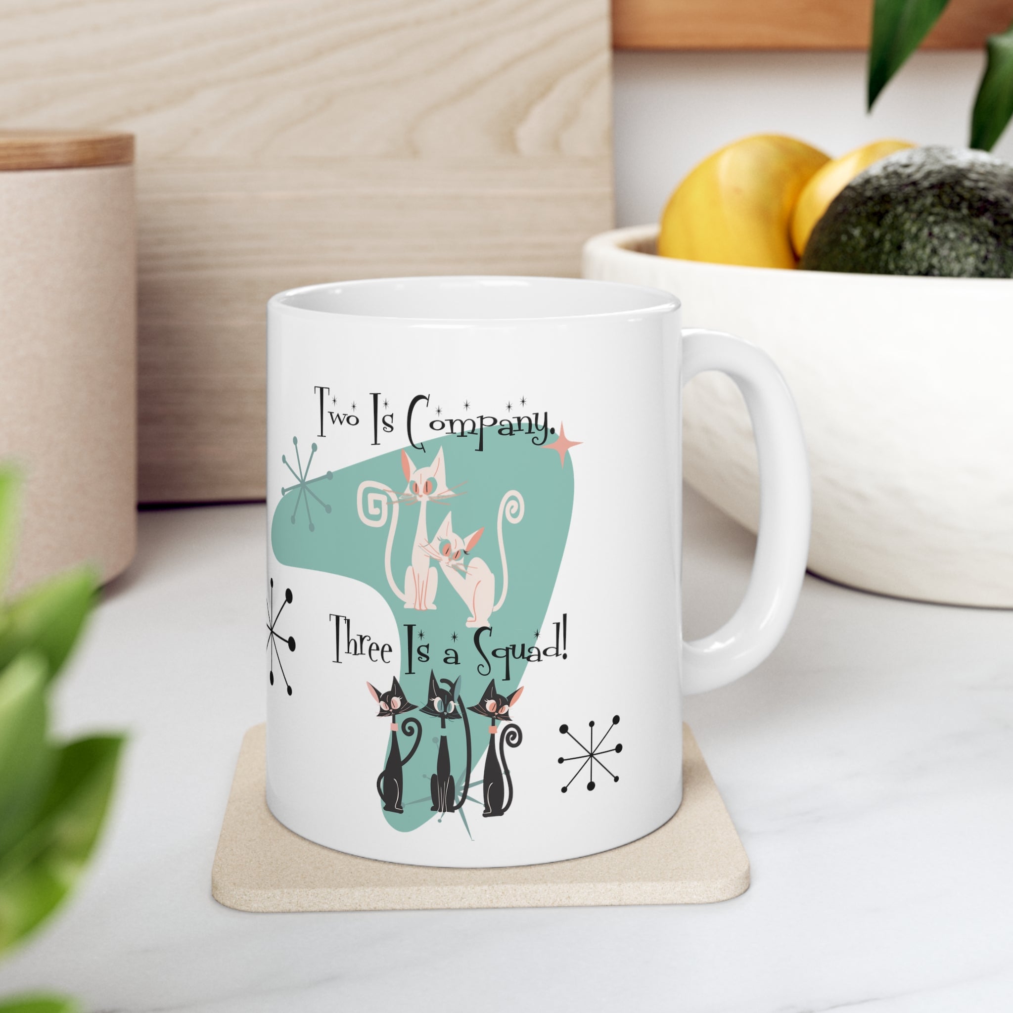Three Is A Squad, Cat Mom, Best Friends Coffee Mug, Kitschy Cute Atomic Kitties Ceramic Mug 11oz - Mid Century Modern Gal