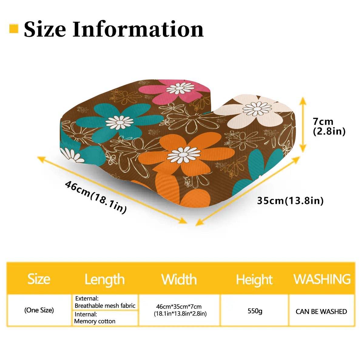 Retro Flower Power Mid Mod Brown Orange Teal Floral Orthopedic Memory Foam Seat Cushion - Mid Century Modern Gal