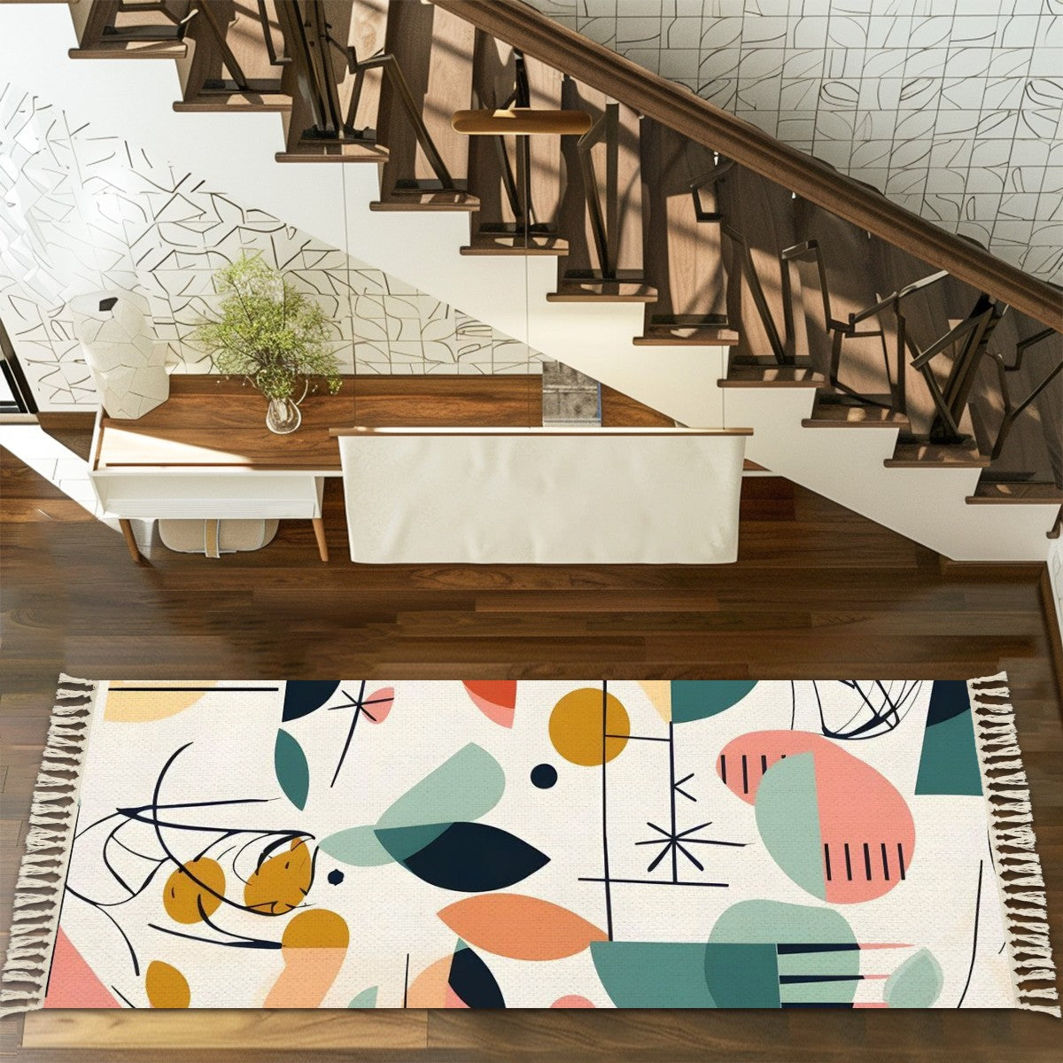 Boho Tassel Rug, Geometric Abtract Mod Design - Mid Century Modern Gal
