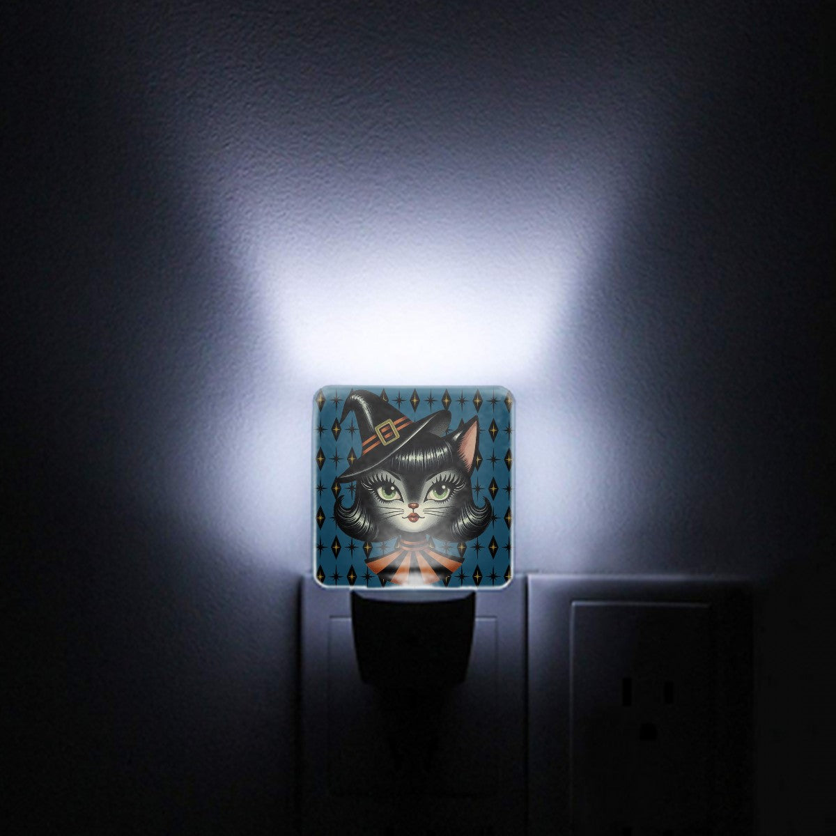 Vintage Halloween Black Cat Sexy Sexton Mid Century Modern Blue LED Night Light Set of 2 - Mid Century Modern Gal