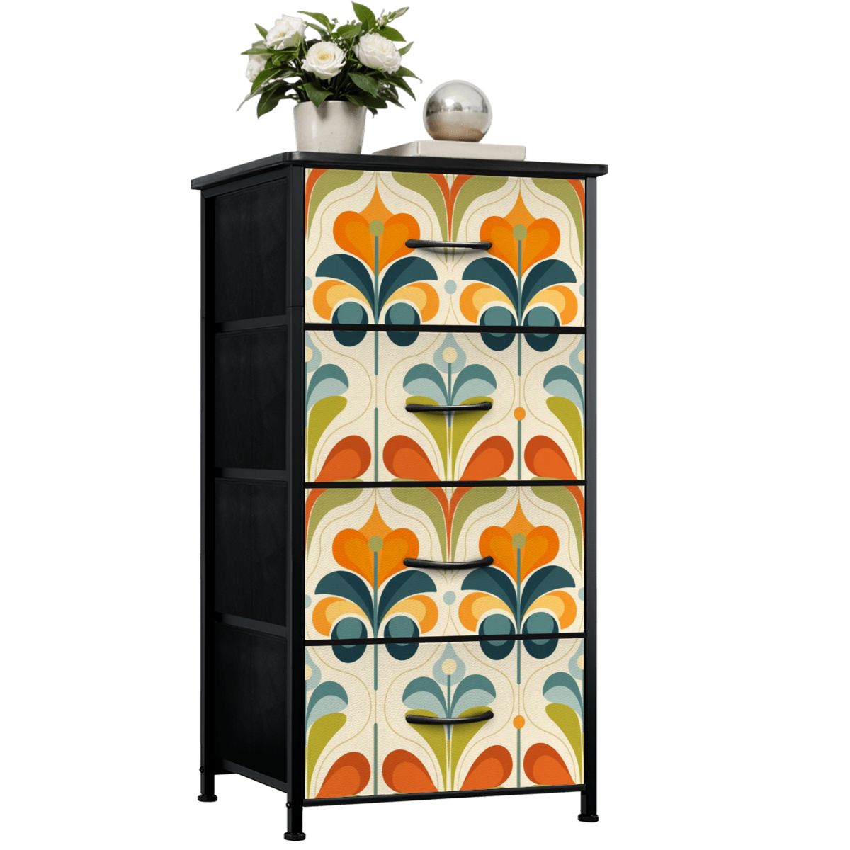 Mid Century Modern Groovy Retro Floral, Orange Green, Blue 4-Drawer Dresser - Mid Century Modern Gal