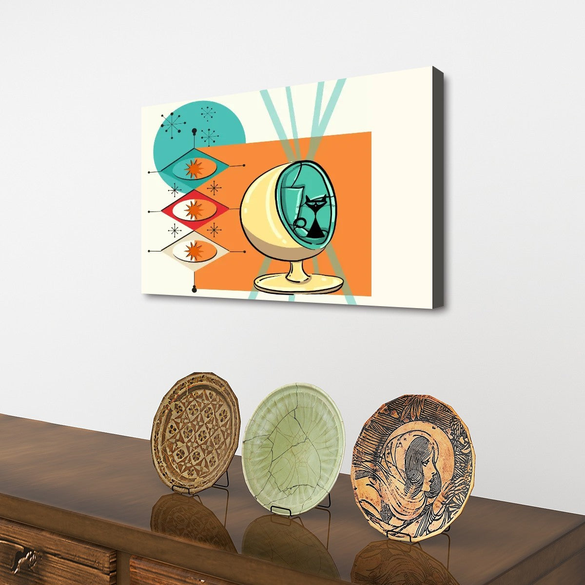 Mid Century Modern Wall Art, Atomic Cat Starbursts Sputnik Designed Mod Canvas Art - Mid Century Modern Gal