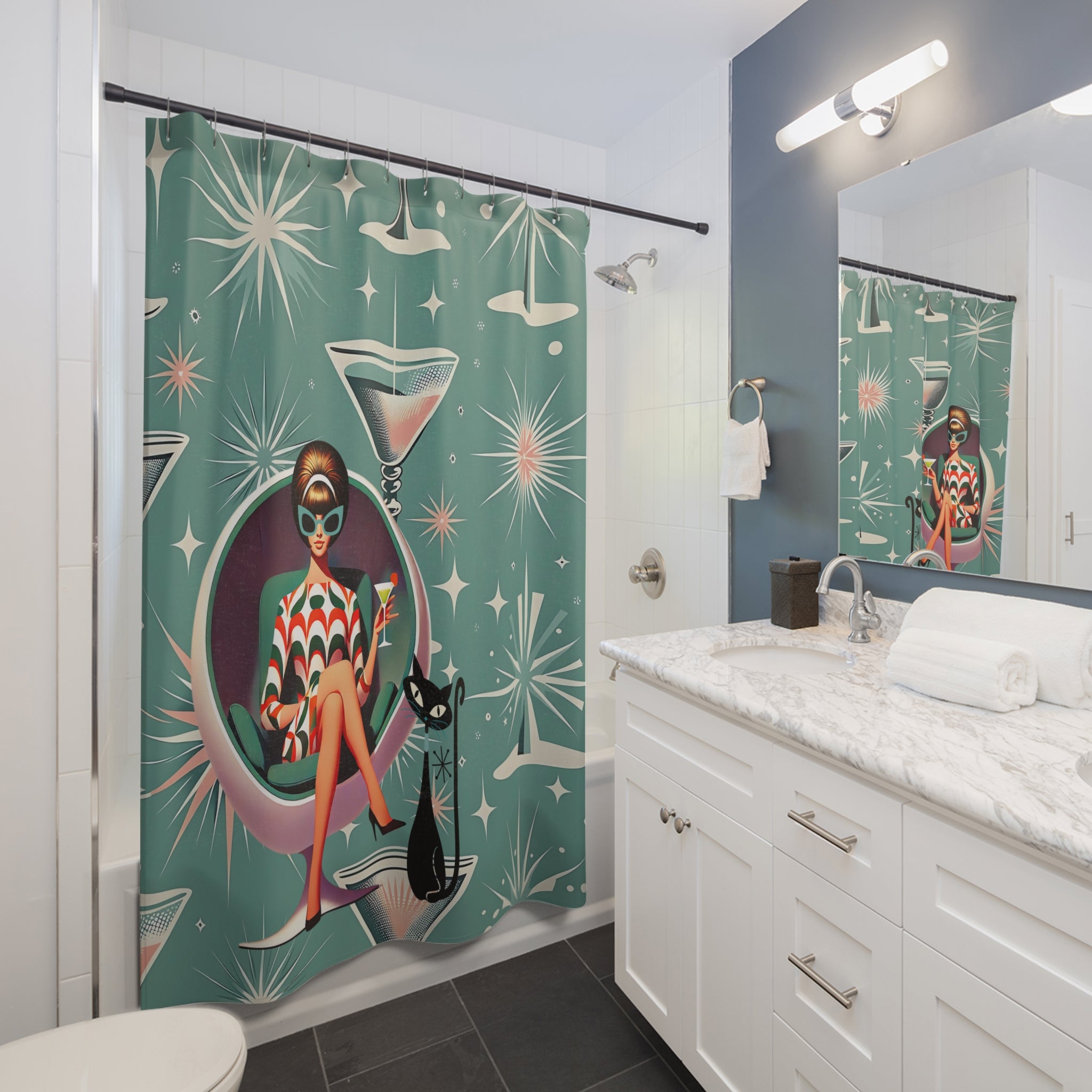 Retro Mod Gal 60s Glamour Shower Curtain with Cocktail Design - Mid Century Modern Gal