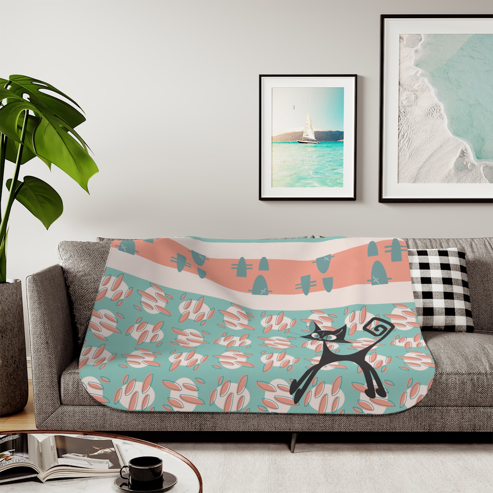 Mid Century Modern Atomic Cat Coral, Aqua Blue, Mid Mod Throw Blanket - Mid Century Modern Gal