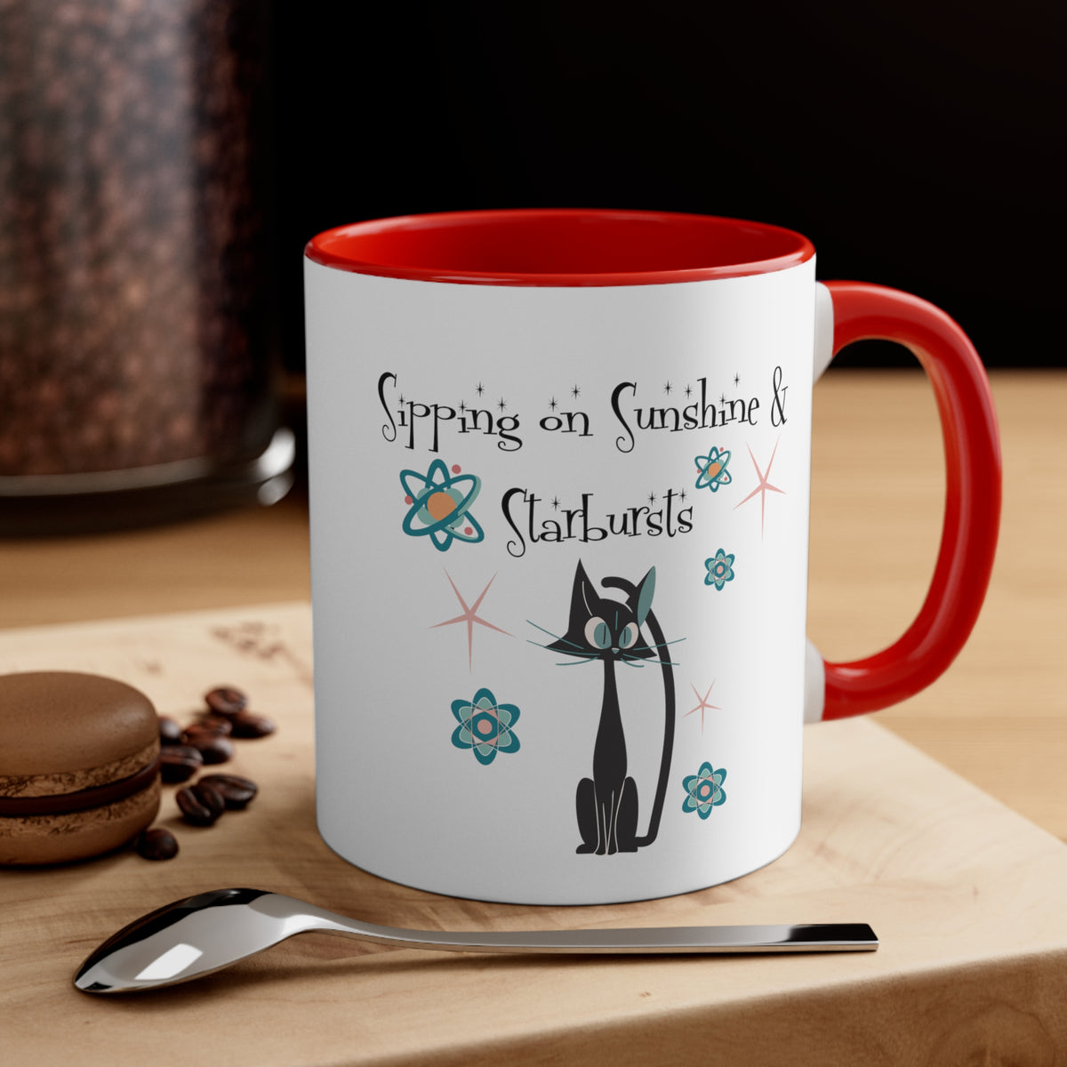Atomic Cat Coffee Mug, Sipping On Sunshine, Mid Century Modern Style, Atoms, Starbursts Gifts For Couples, Mom, Mid Mod Friend - Mid Century Modern Gal