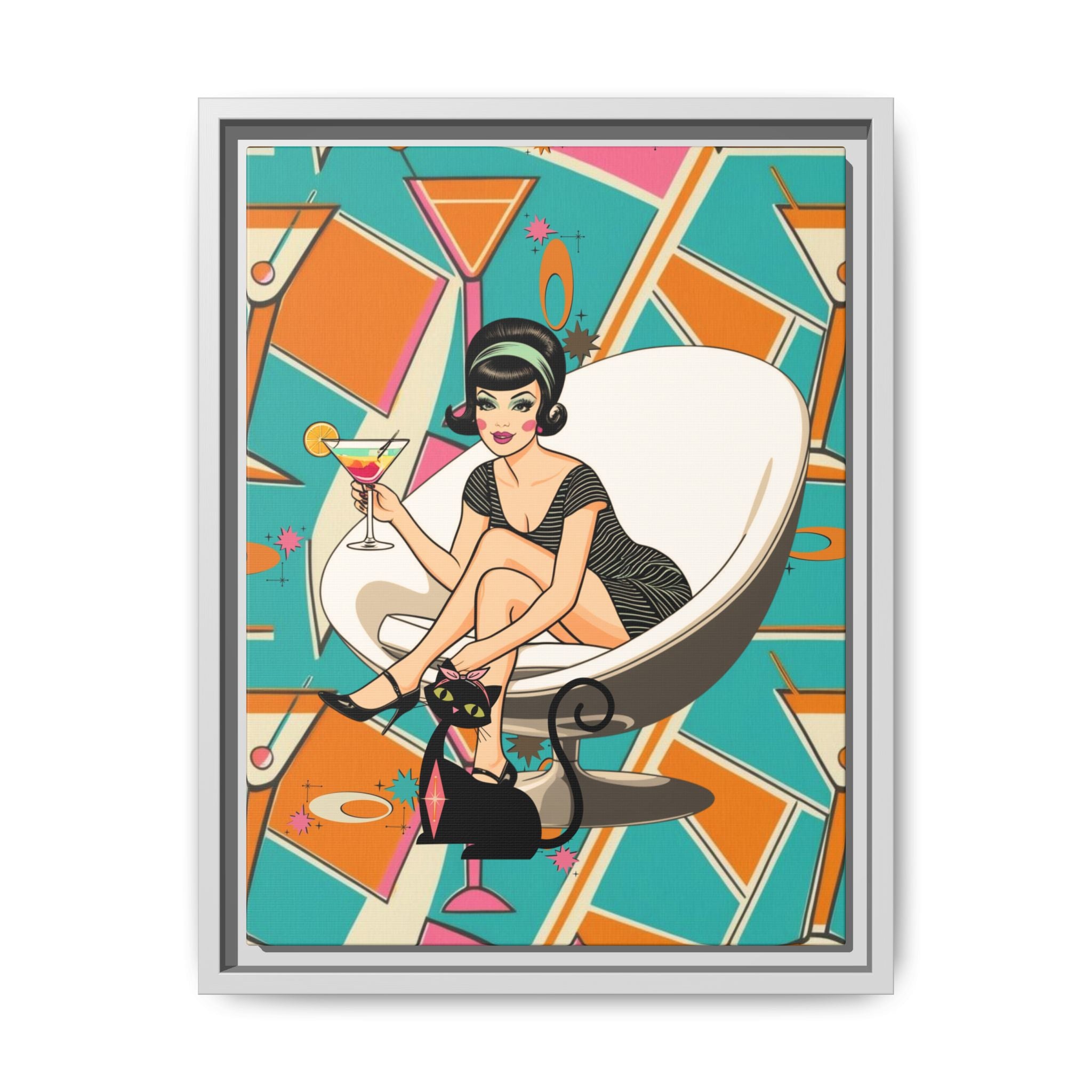 Mid Mod 60s Gal, Atomic Cat Barware Wall Art - Framed Matte Canvas with Vintage Cocktail And Retro Cat Design - Mid Century Modern Gal
