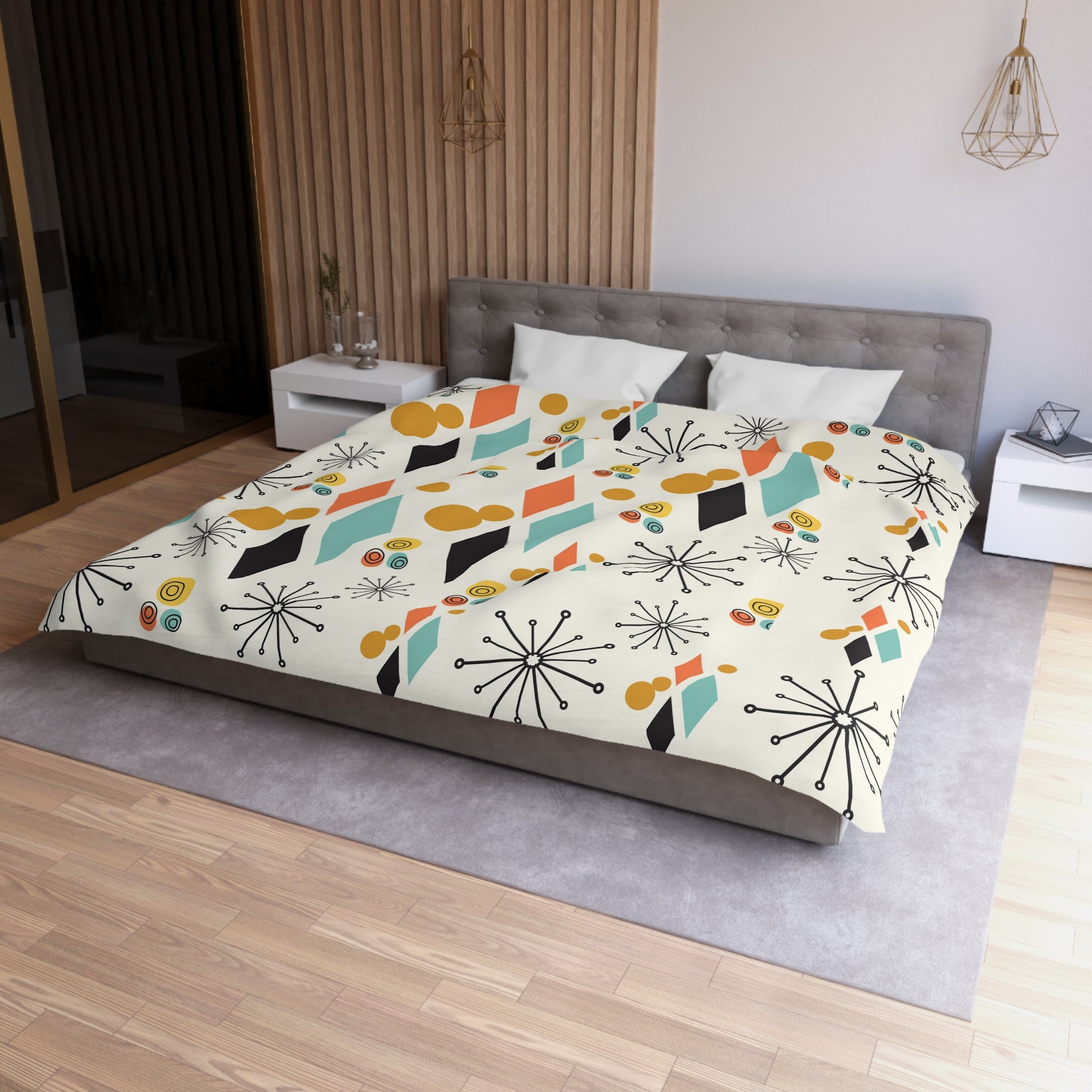 Mid Century Modern Bedding, Atomic Diamond, Sputnik,Beige, Aqua, Coral,Mustard Yellow, Retro Mod Duvet Covers - Mid Century Modern Gal
