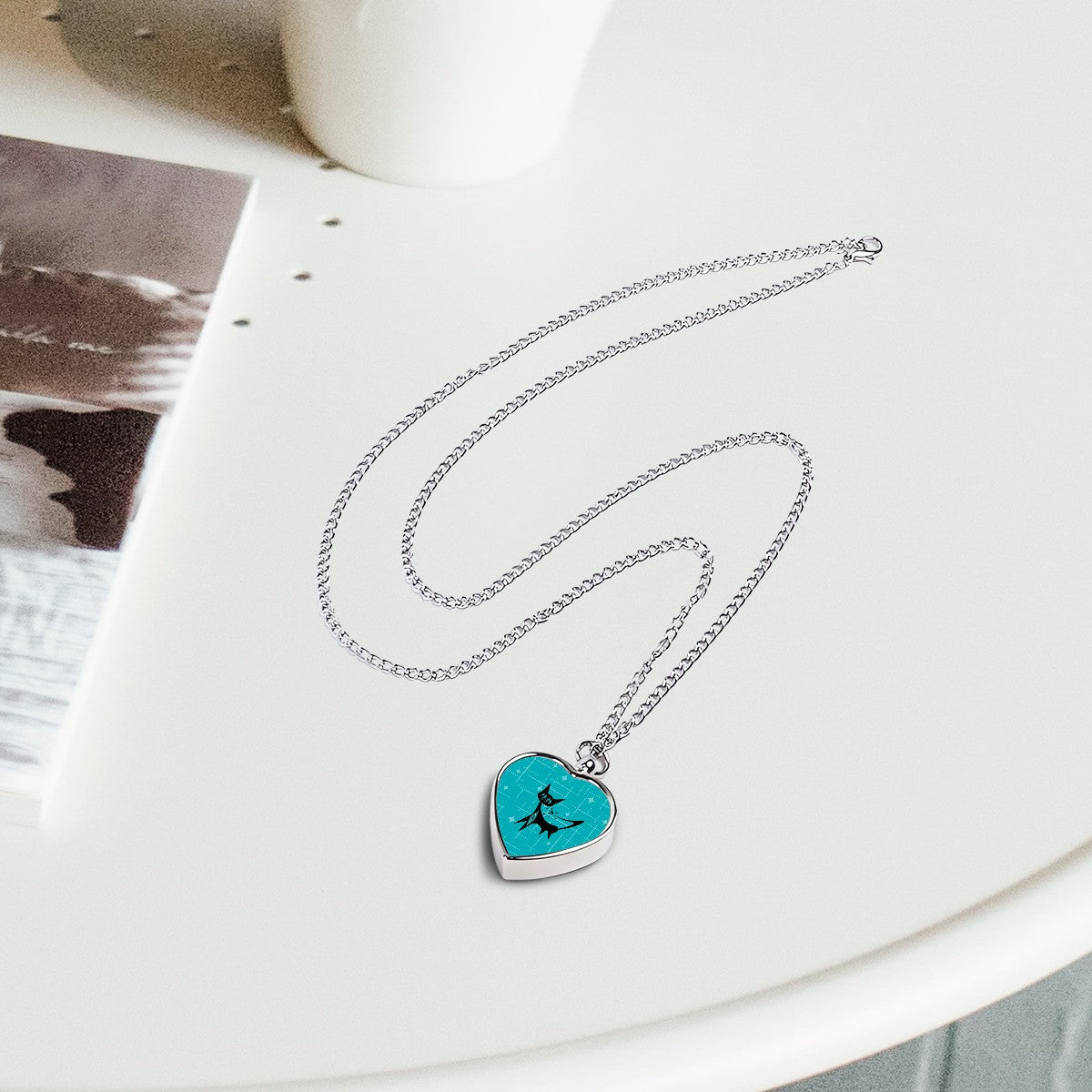 Mid Century Mod Atomic Cat Teal Blue Retro Sentimental Piece Pet Ashes Necklace - Mid Century Modern Gal