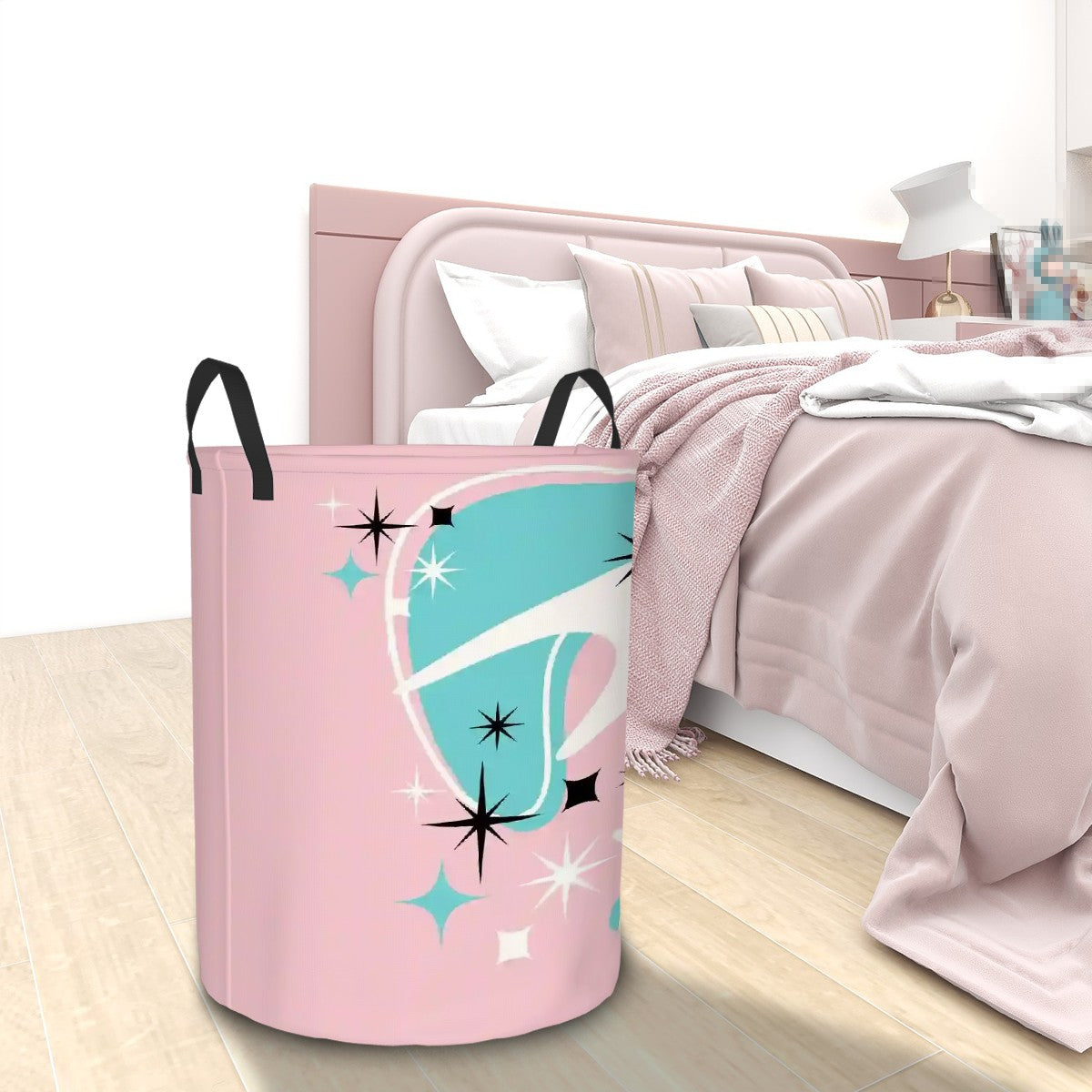 Mid Century Modern Atomic Pink, Aqua Boomerang MCM Circular Laundry Basket - Mid Century Modern Gal