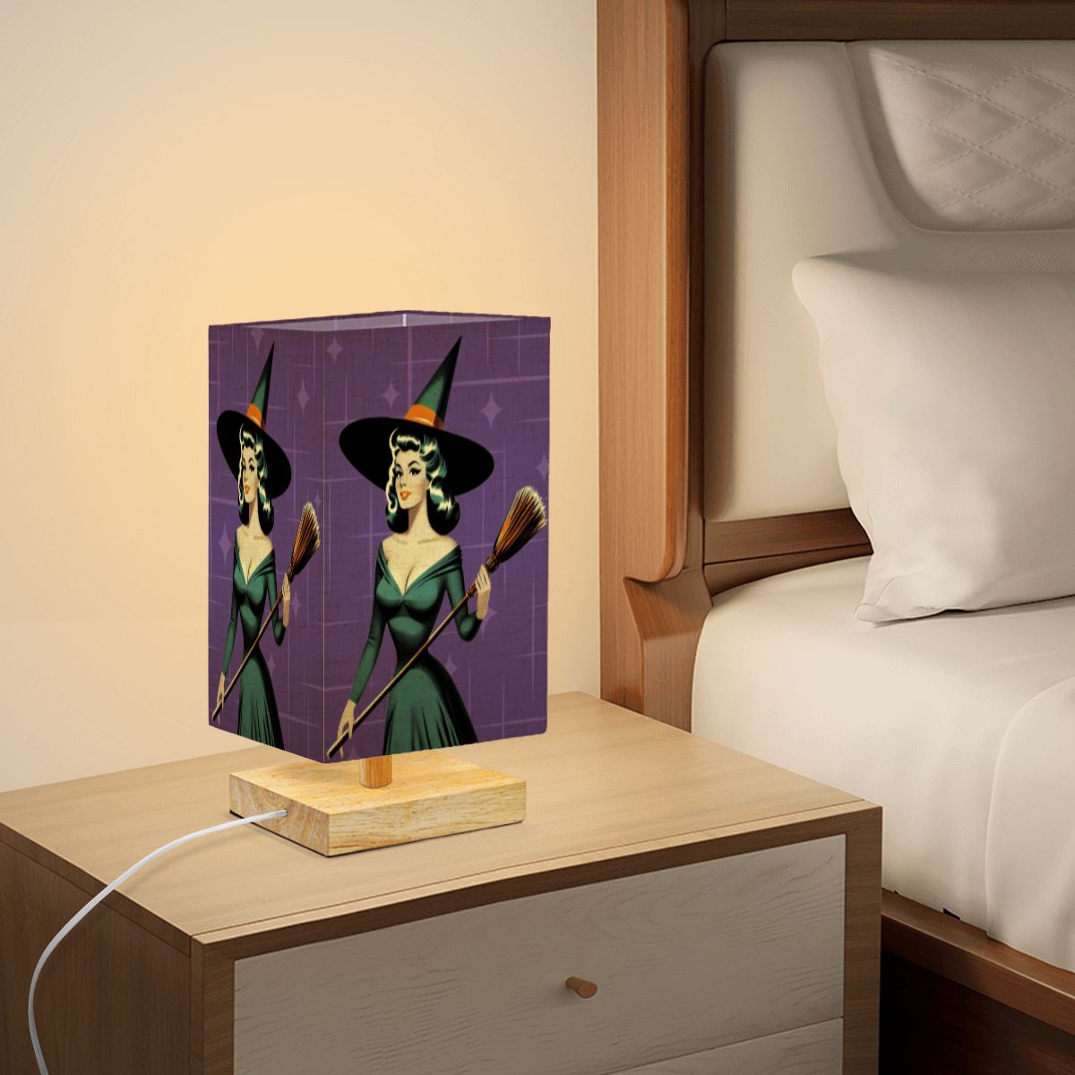 Mid Century Modern Vintage Pin Up Witch Purple Teal Halloween Square Table Lamp - Mid Century Modern Gal