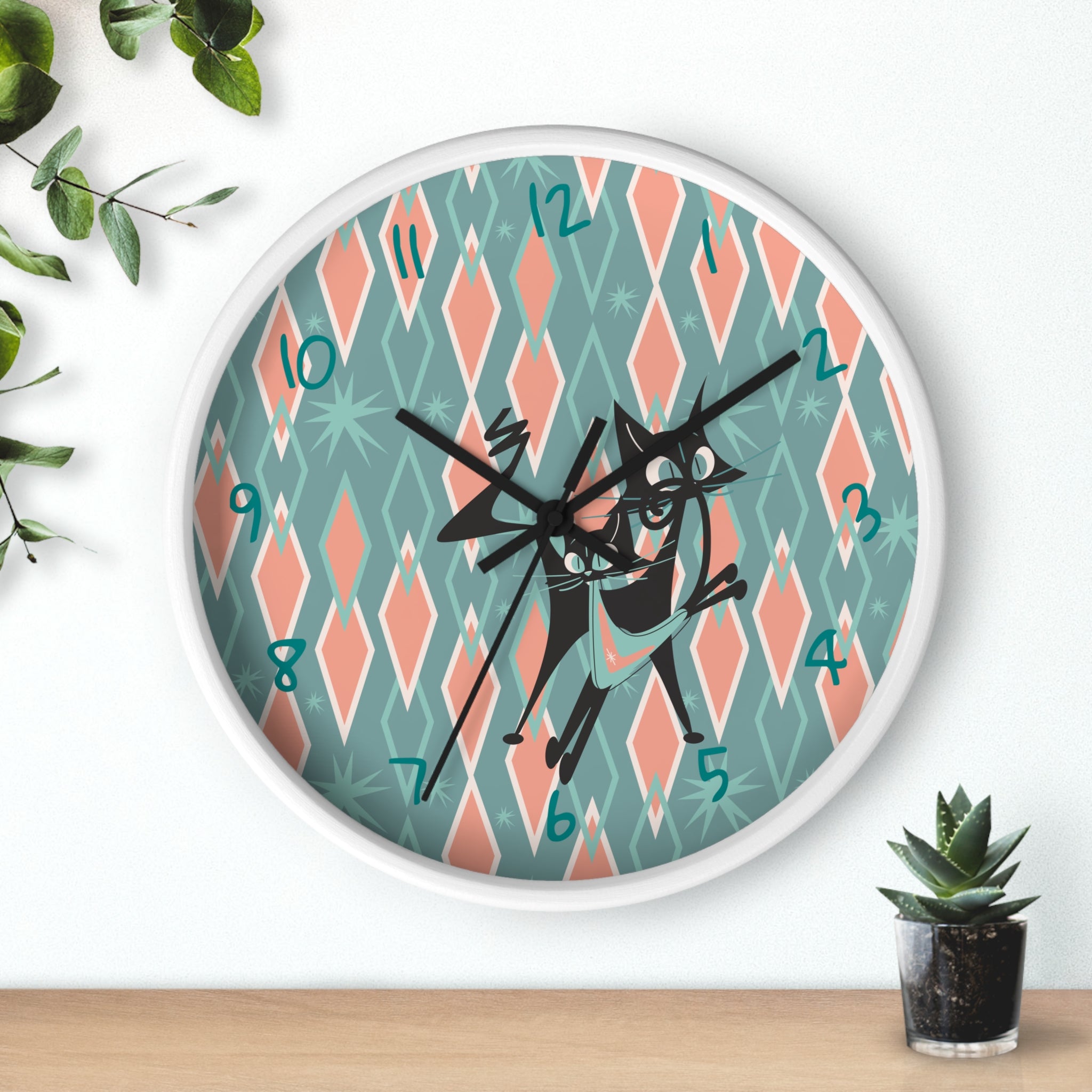 Retro Kitchen Wall Clock For Atomic Cat Black Cat Lovers, Mid Century Modern Designed, Teal, Pink Harlequin Diamond Designed MCM Clock - Mid Century Modern Gal