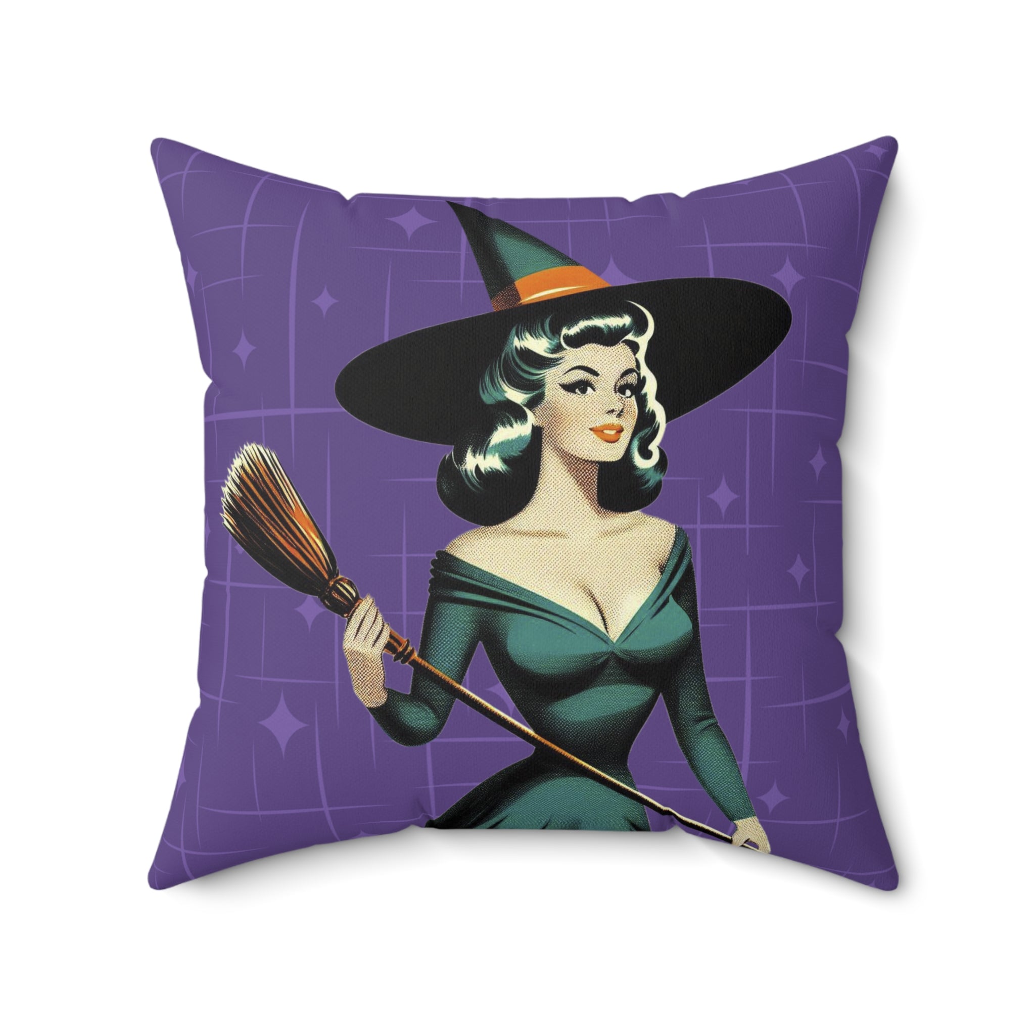 Mid Century Modern Vintage Pin Up Witch Halloween Purple Teal Halloween Pillow Cover and Insert - Mid Century Modern Gal