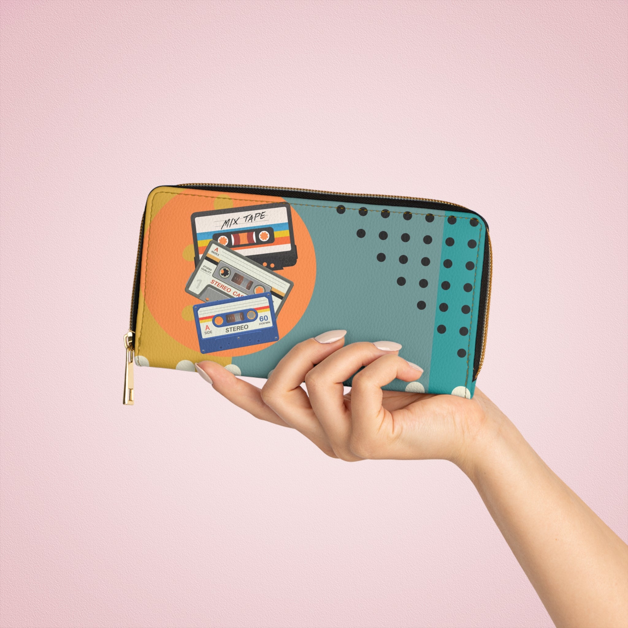 70s Retro Cassettes, Mid Mod Orange, Aqua Cool Zipper Wallet - Mid Century Modern Gal
