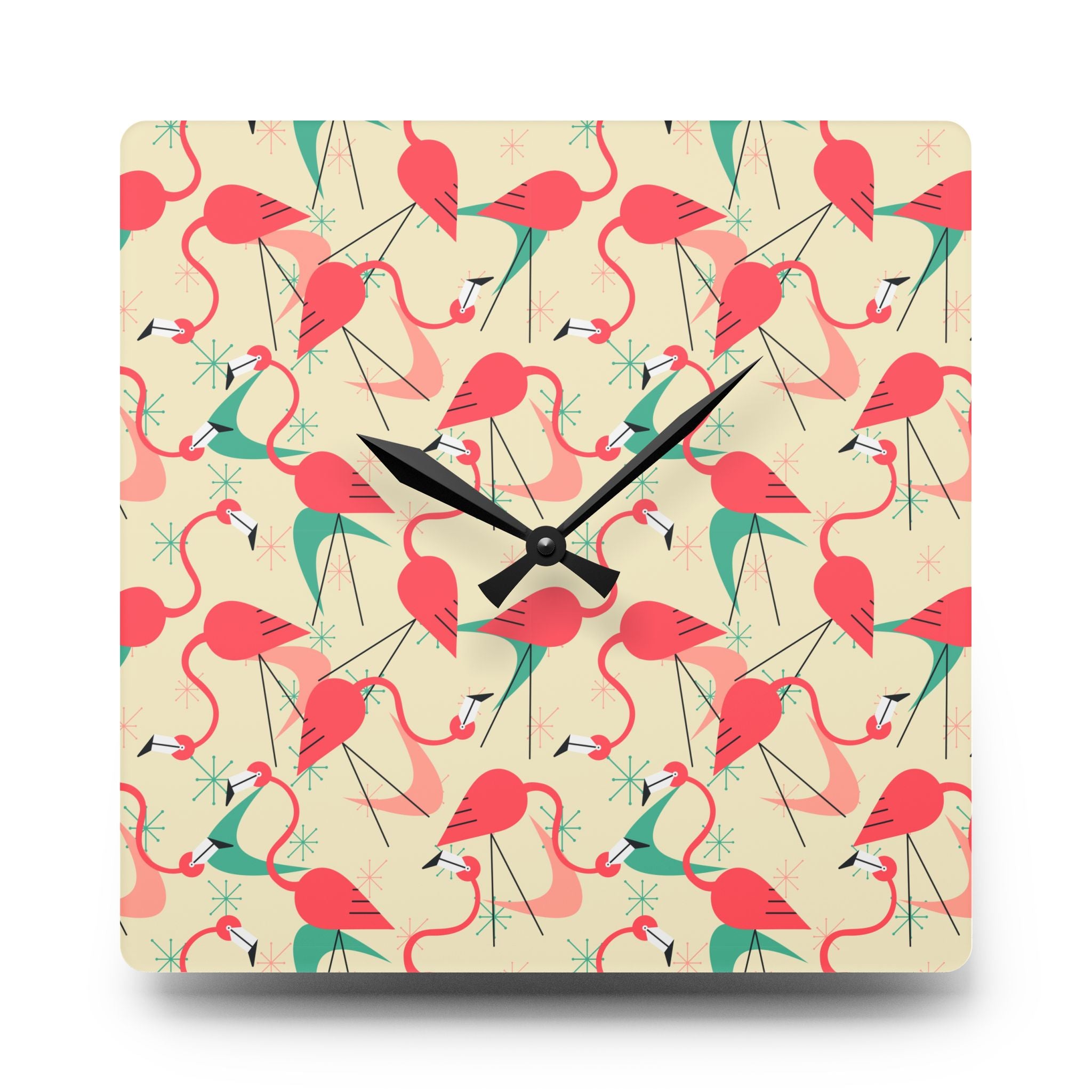 Tropical Retro Dancing Flamingos Acrylic Wall Clock - Fun and Colorful Home Decor - Mid Century Modern Gal