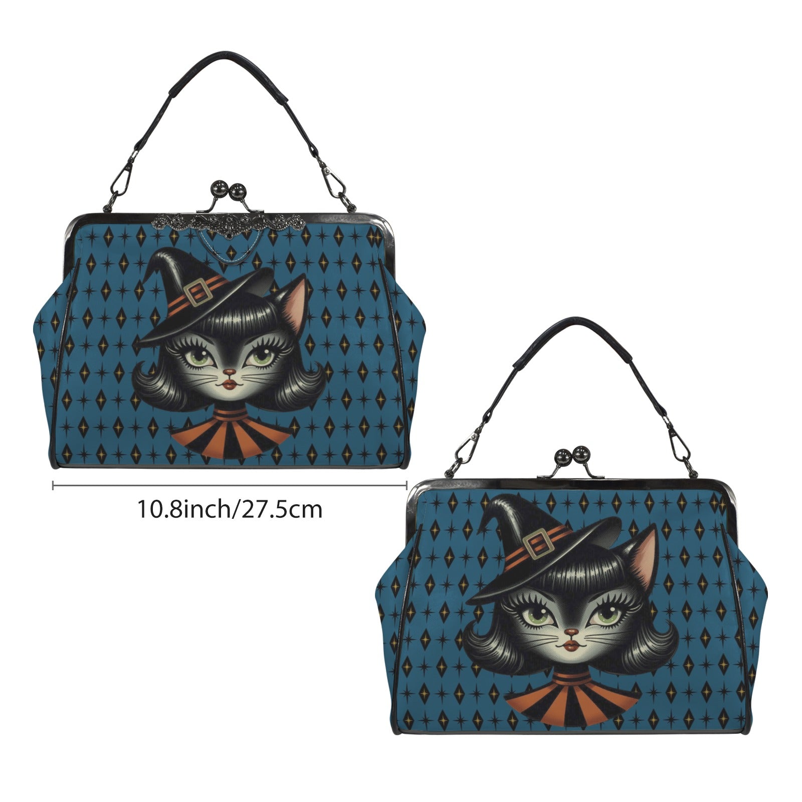 Vintage Halloween Black Cat Sexy Sexton Mid Century Modern Blue Kisslock Crossbody Purse - Mid Century Modern Gal