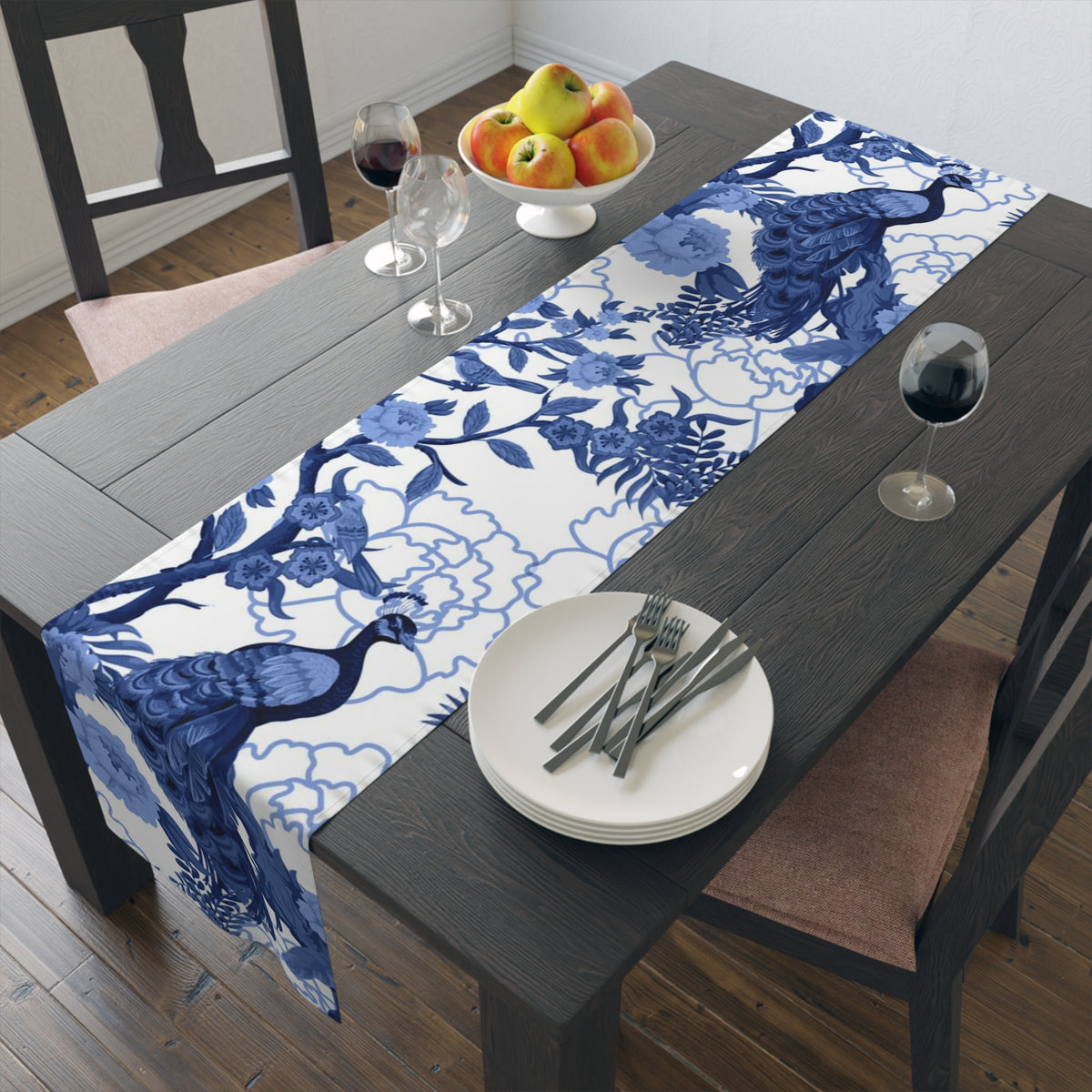 Chinoiserie Exoctic Birds, Tranquil Blue White Table Runner - Mid Century Modern Gal
