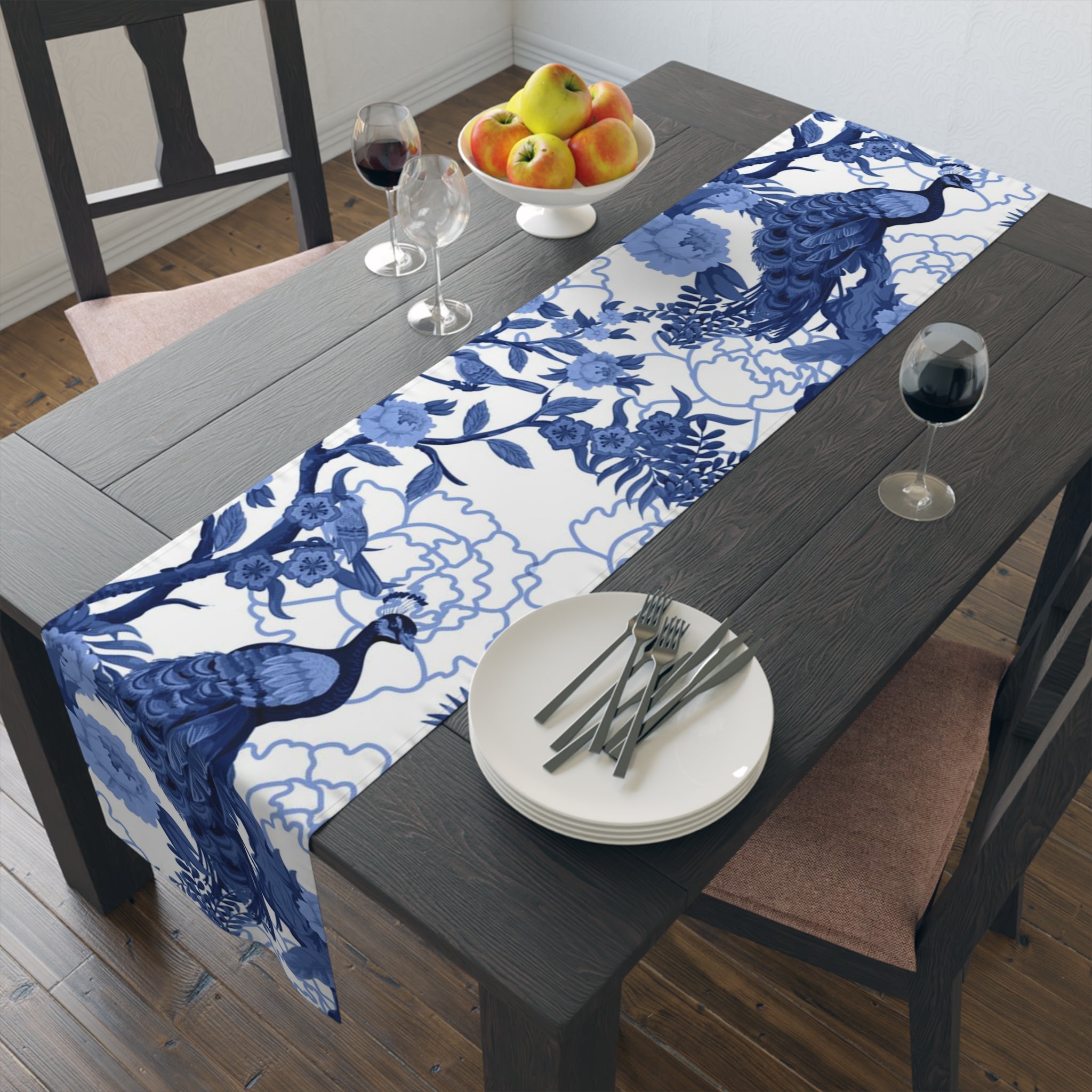 Chinoiserie Exoctic Birds, Tranquil Blue White Table Runner - Mid Century Modern Gal