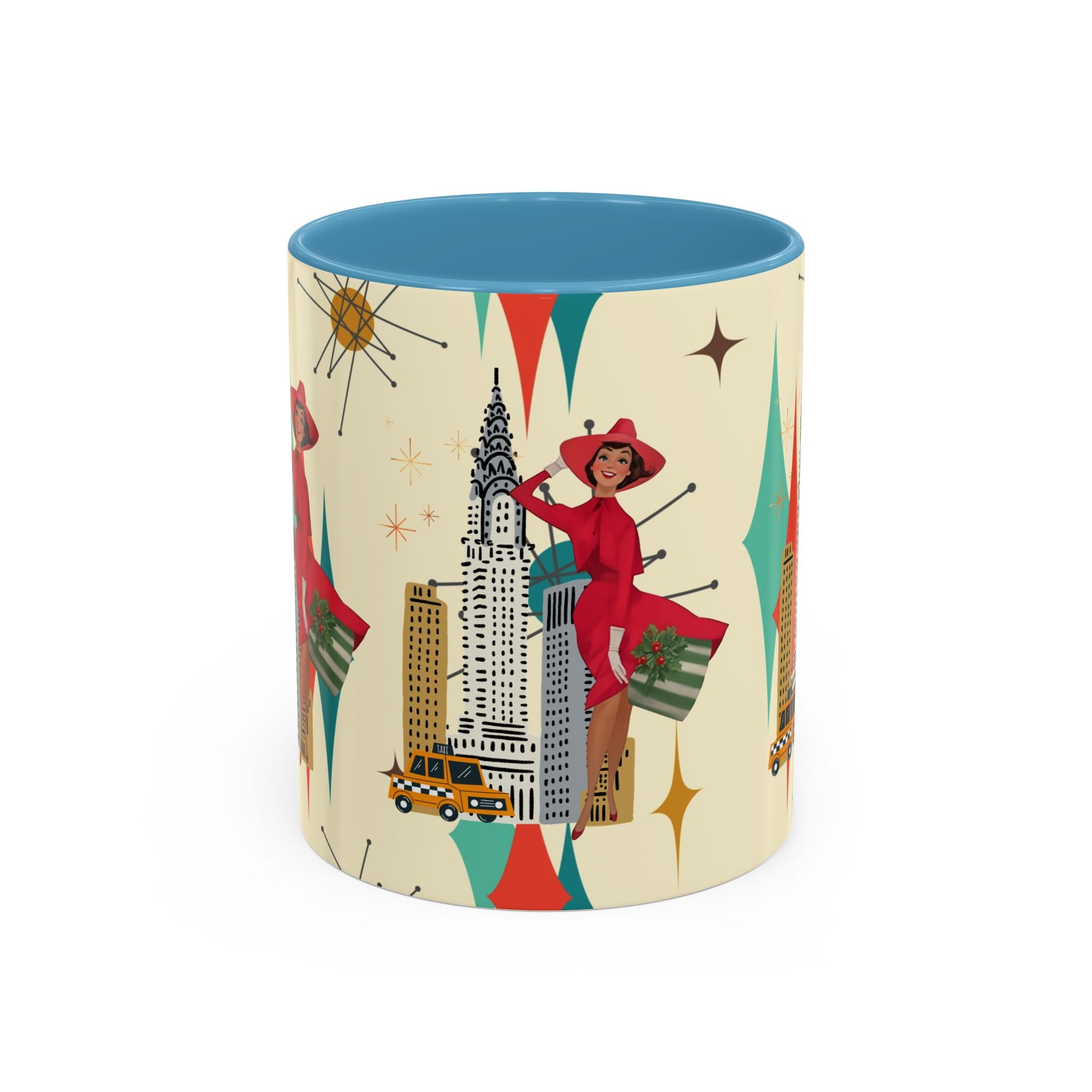 Mid Century Modern Kitschy Christmas Gal, Franciscan Starburst Diamond Retro Chic Accent Coffee Mug - Vintage Cityscape Design - Mid Century Modern Gal