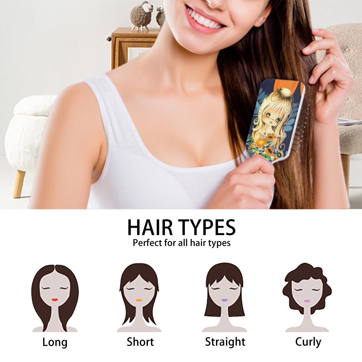 Retro 70s Big Eyed Gal, Groovy Air Cushion Hair Brush - Mid Century Modern Gal