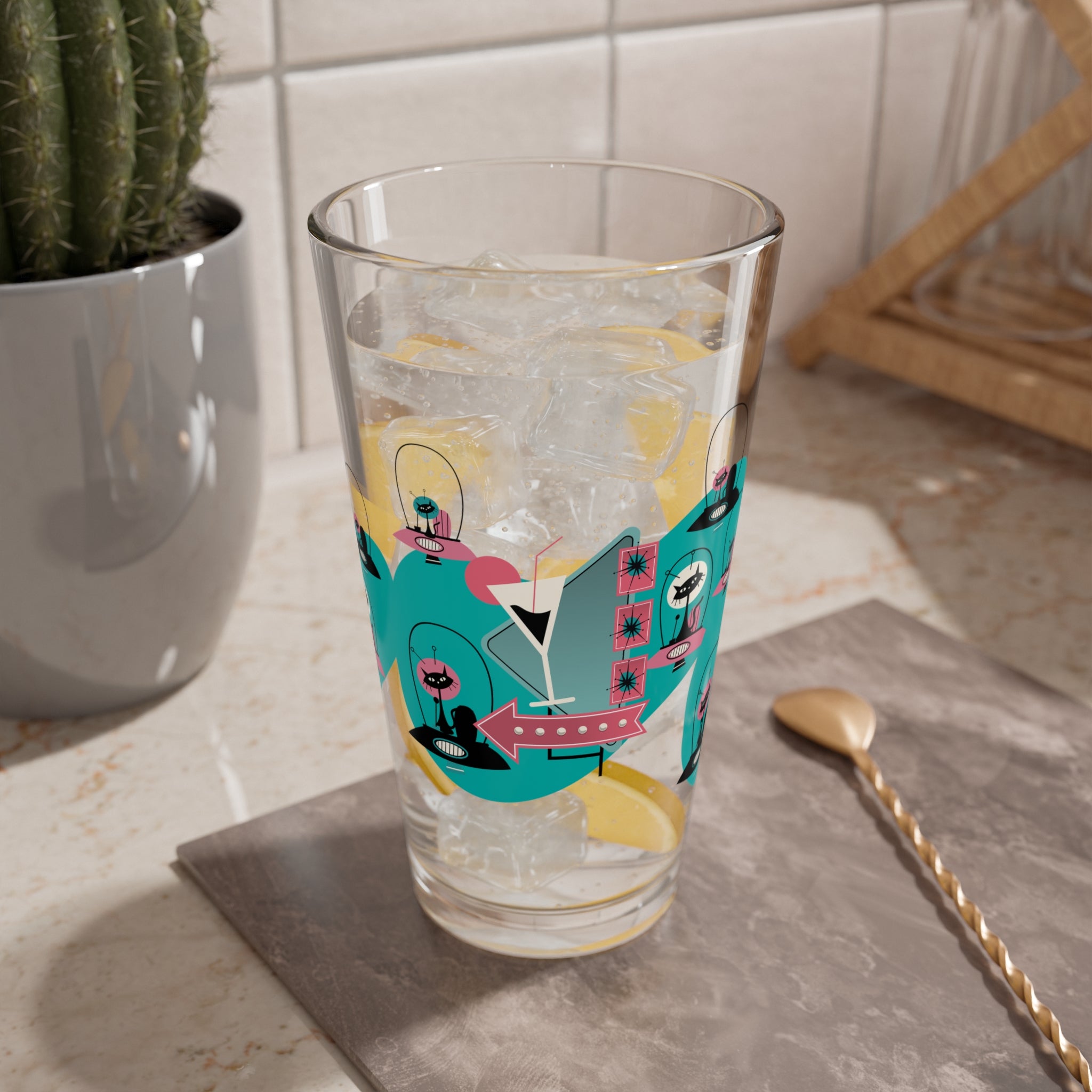 Atomic Cat Retro Barware, Space Kitties, Cats In Space, Mid Century Modern Atomic Living, MCM Drinkware Mixing Glass, 16oz - Mid Century Modern Gal