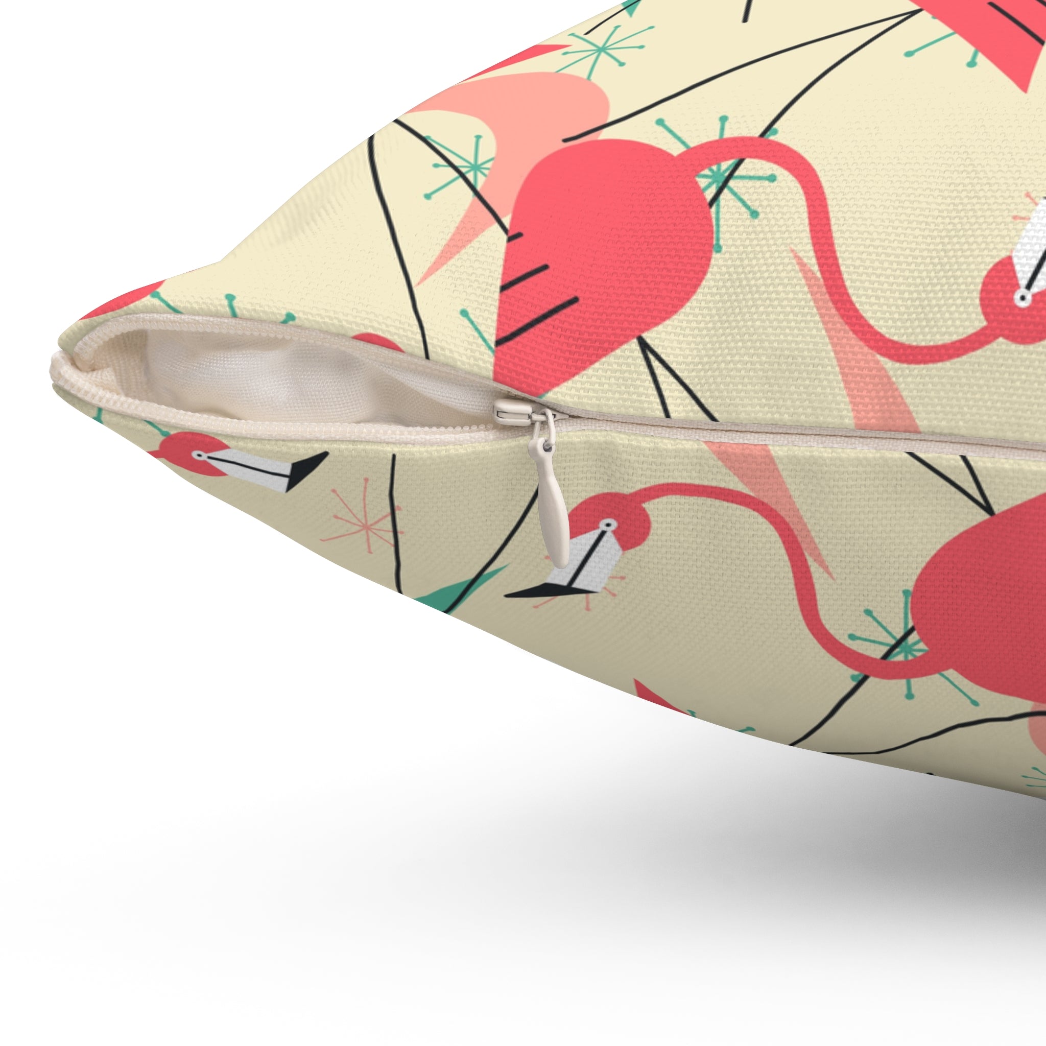 Mid Century Modern Dancing Flamingos, Kitschy Quirk MCM Tropical Flamingo Square Pillow - Stylish Home Decor for Retro Summer Vibes - Mid Century Modern Gal