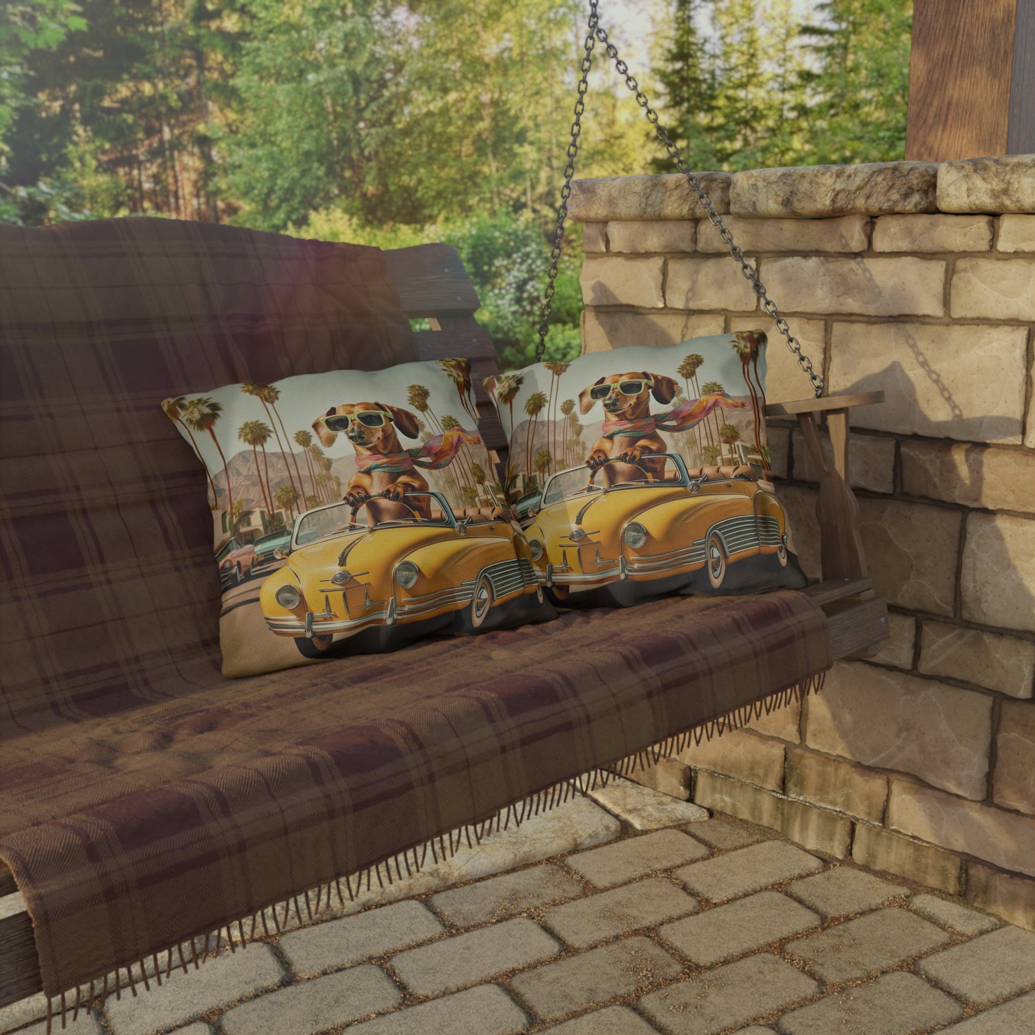 Doxie Dog, Retro Palm Springs Cali Kitschy Fun Outdoor Pillows - Mid Century Modern Gal