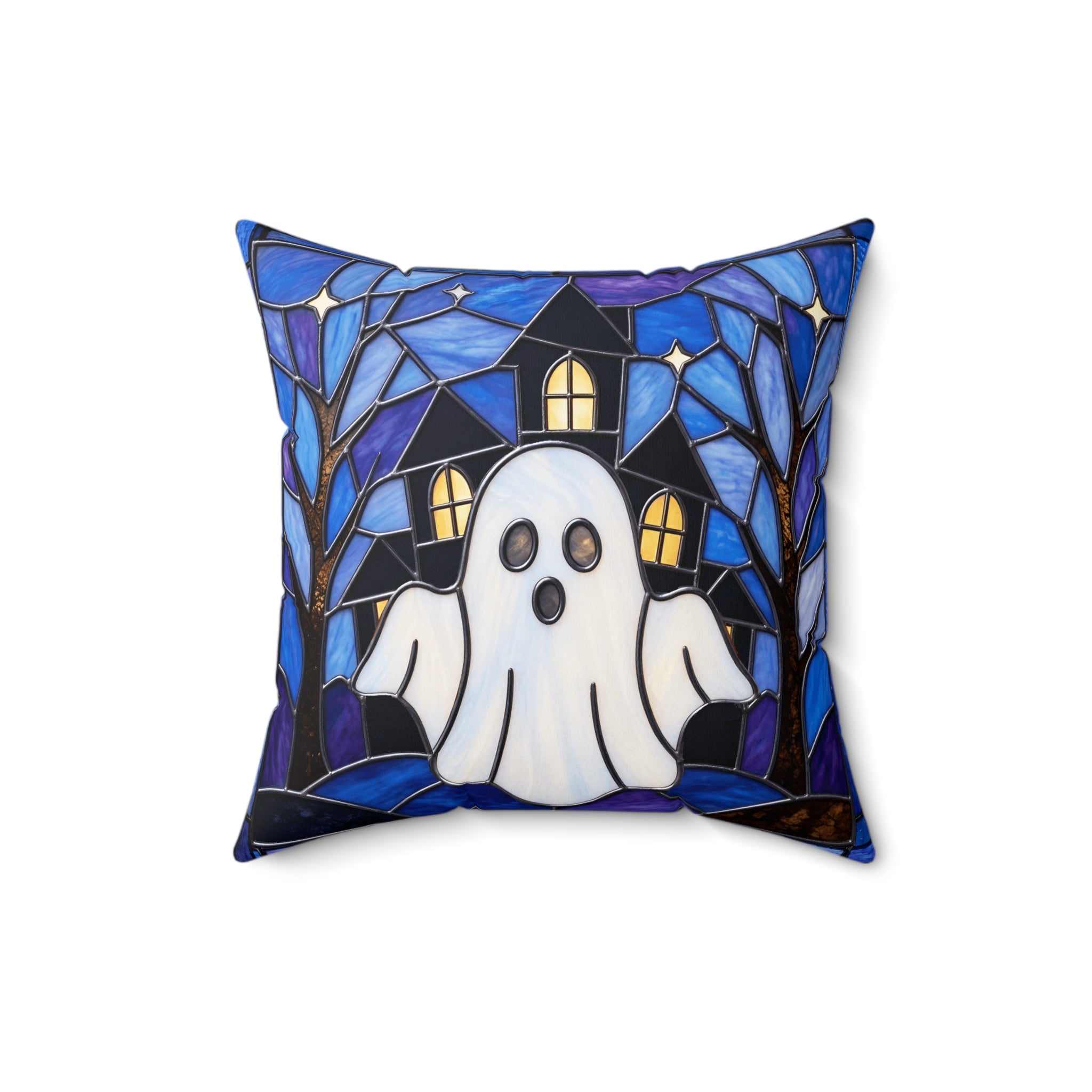 Halloween Stained Glass Style Ghost Haunted House Pillow Cover and Insert