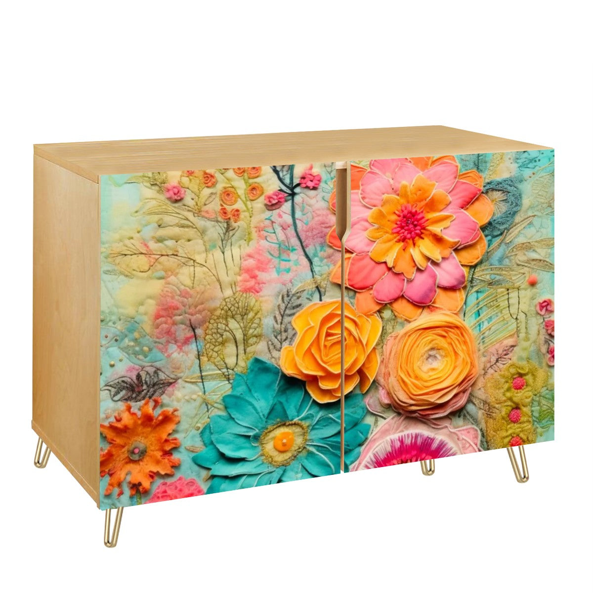 Bohemian Retro Flower, Faux Pressed Floral Mod Wooden Storage Cabinet - Mid Century Modern Gal