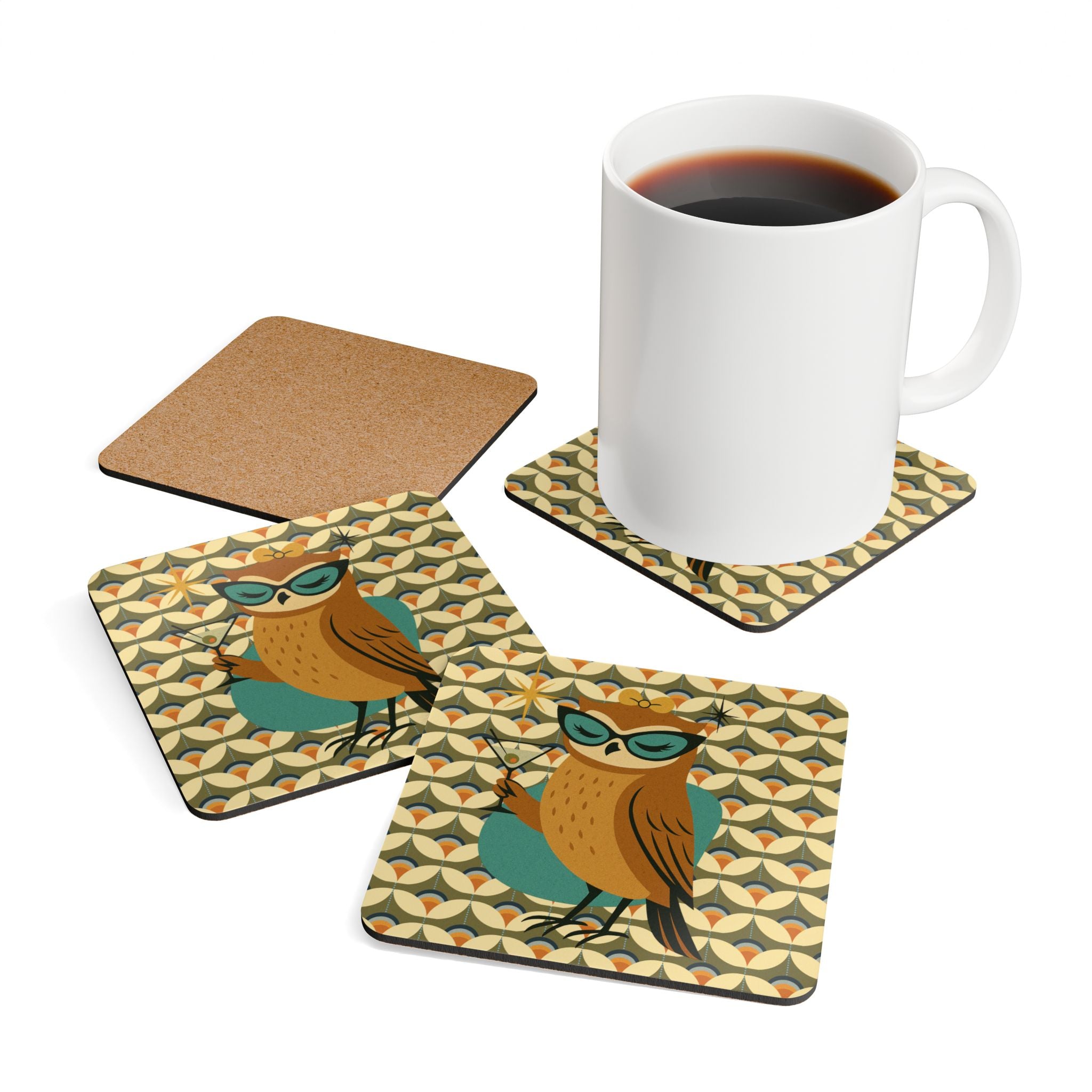 Retro Owl Cocktail Hour, Mid Century Modern Scandinavian Designed MCM Barware Corkwood Coaster Set - Mid Century Modern Gal