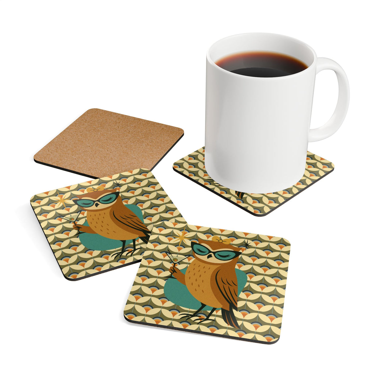 Retro Owl Cocktail Hour, Mid Century Modern Scandinavian Designed MCM Barware Corkwood Coaster Set - Mid Century Modern Gal